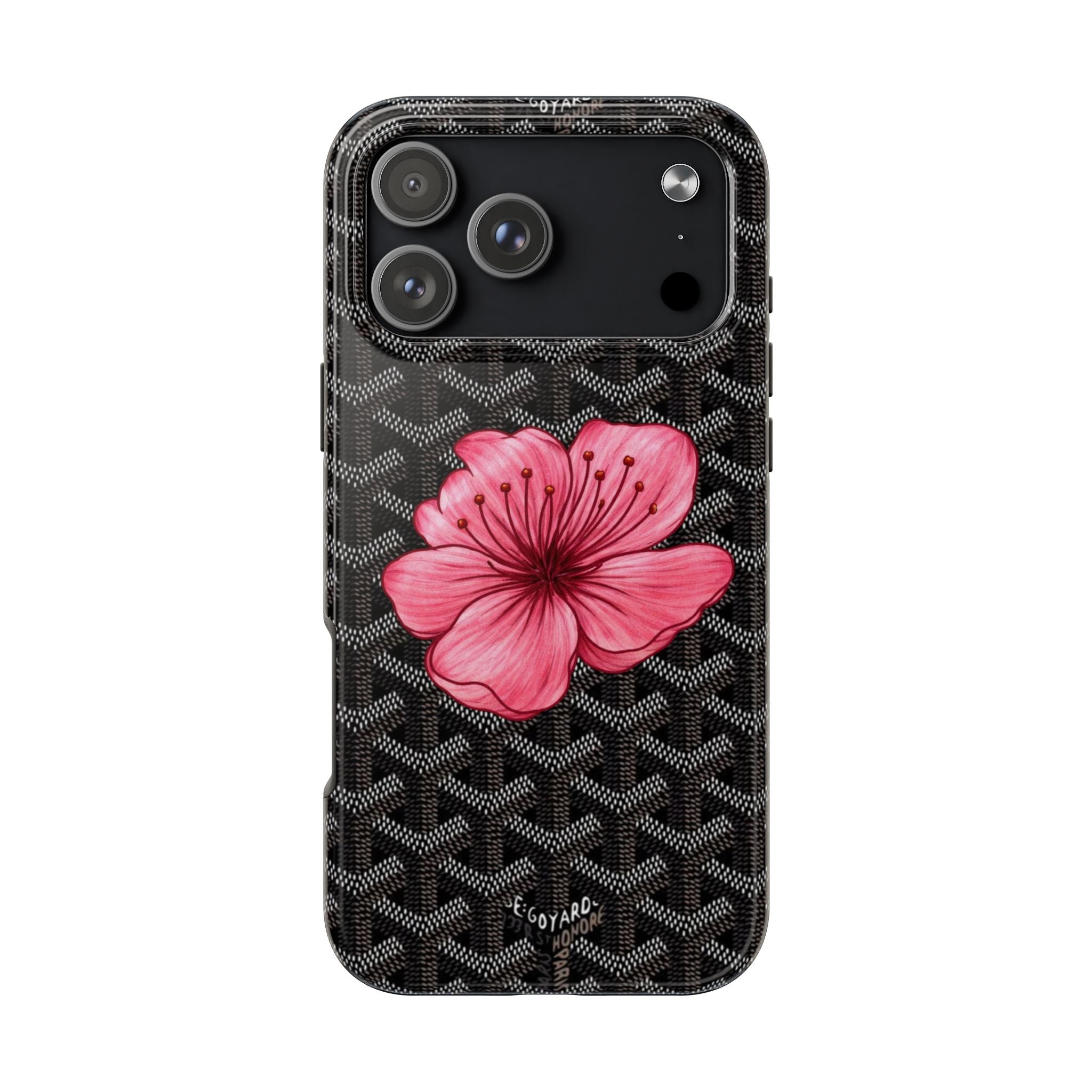 Black Goyard Hibiscus phone case with pink flower and monogram texture