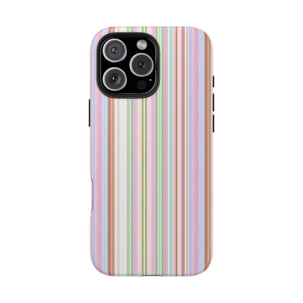 Phone case with pastel vertical stripes and raised black camera cover