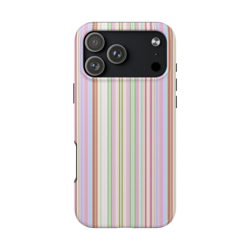 Phone case with pastel vertical stripes, camera cutout, and side button openings