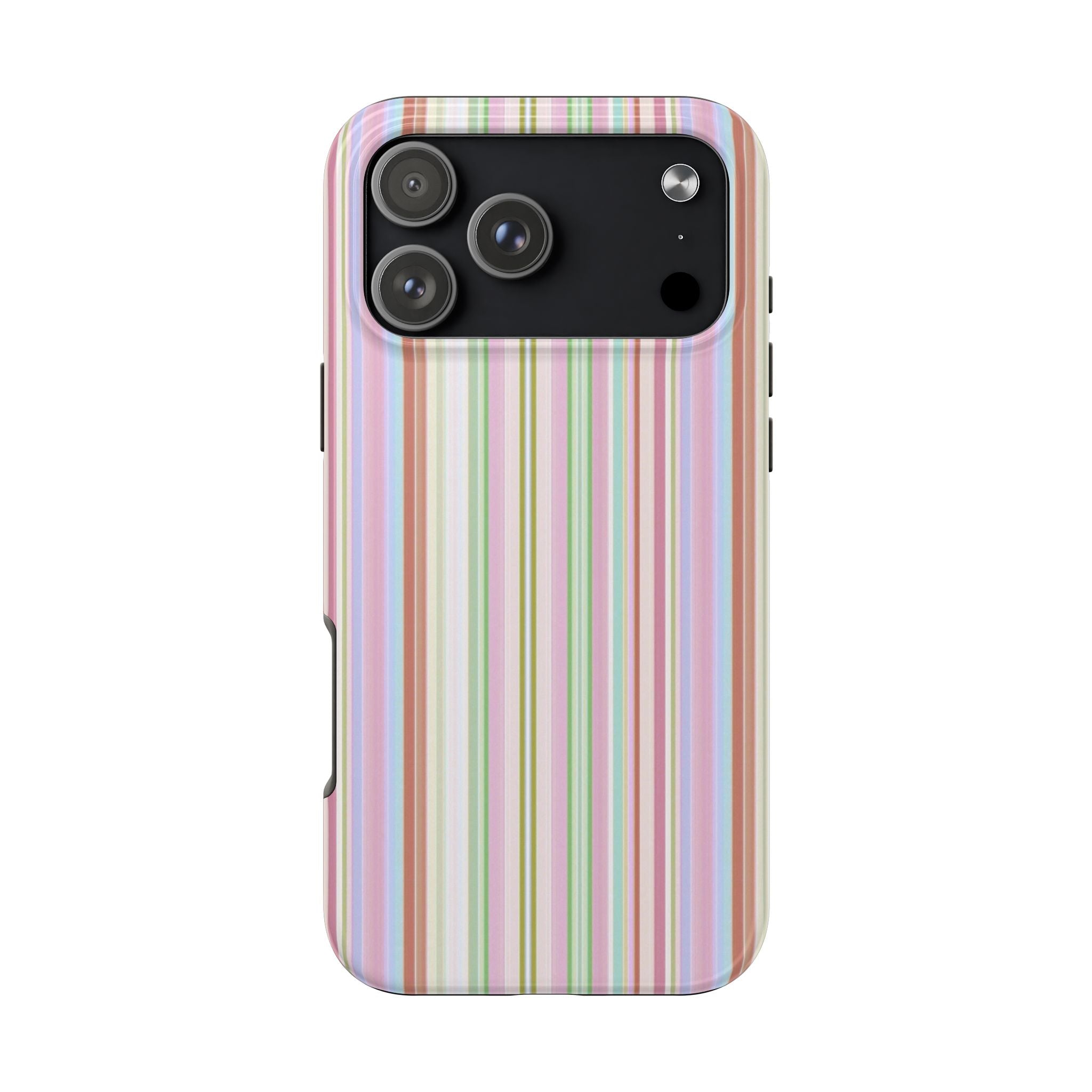 Phone case with pastel vertical stripes, camera cutout, and side button openings
