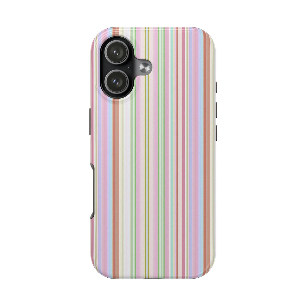 Phone case with pastel vertical stripes and protective cover for dual camera lenses