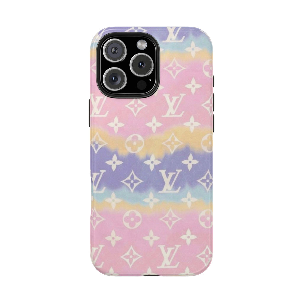 Gradient phone case with LV-style monogram pattern and cutouts for camera and ports