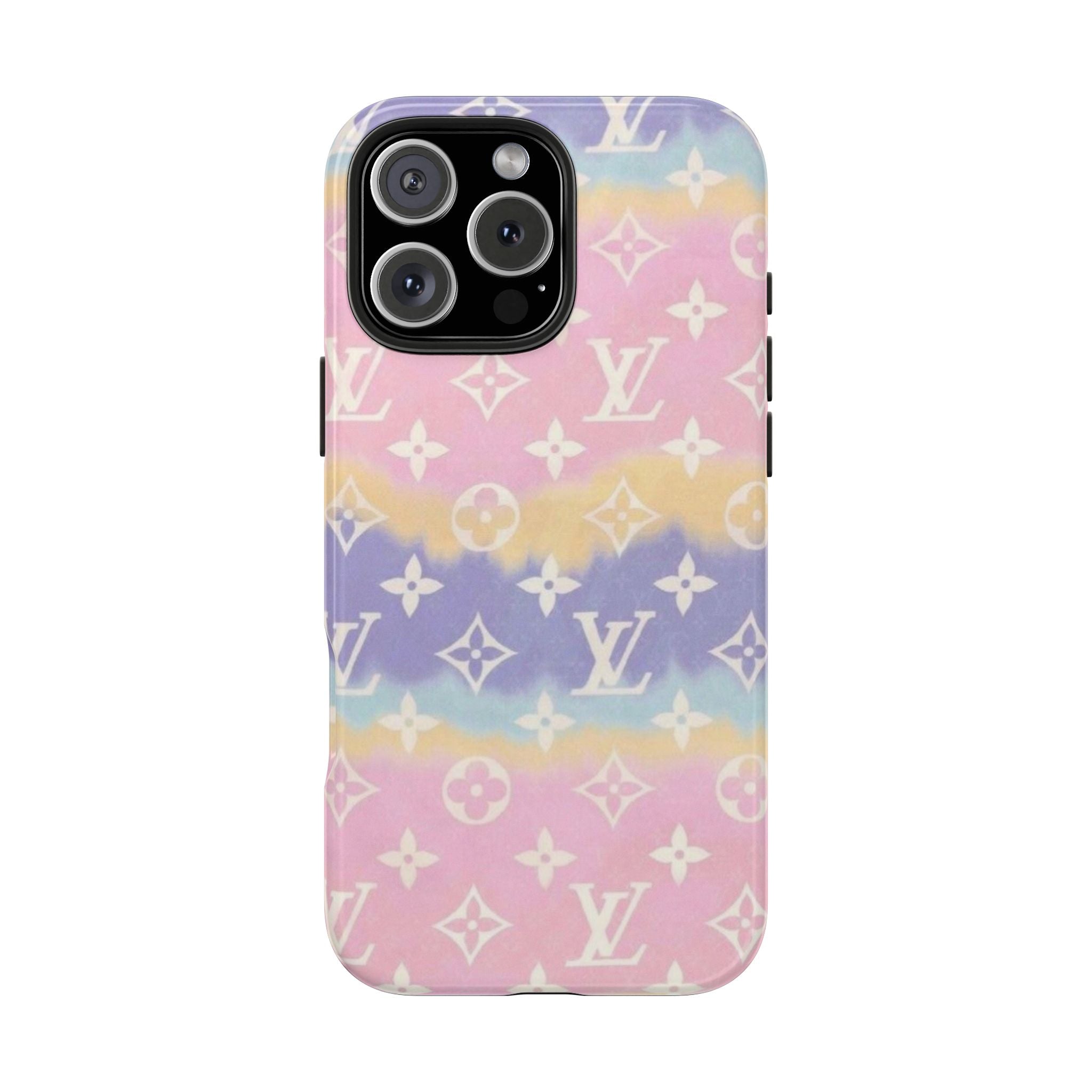 Gradient phone case with LV-style monogram pattern and cutouts for camera and ports
