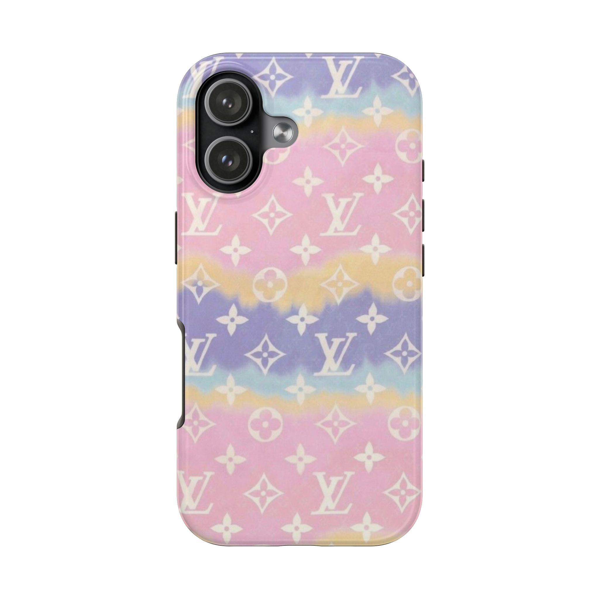 Gradient phone case with LV-style monogram pattern and raised camera protection
