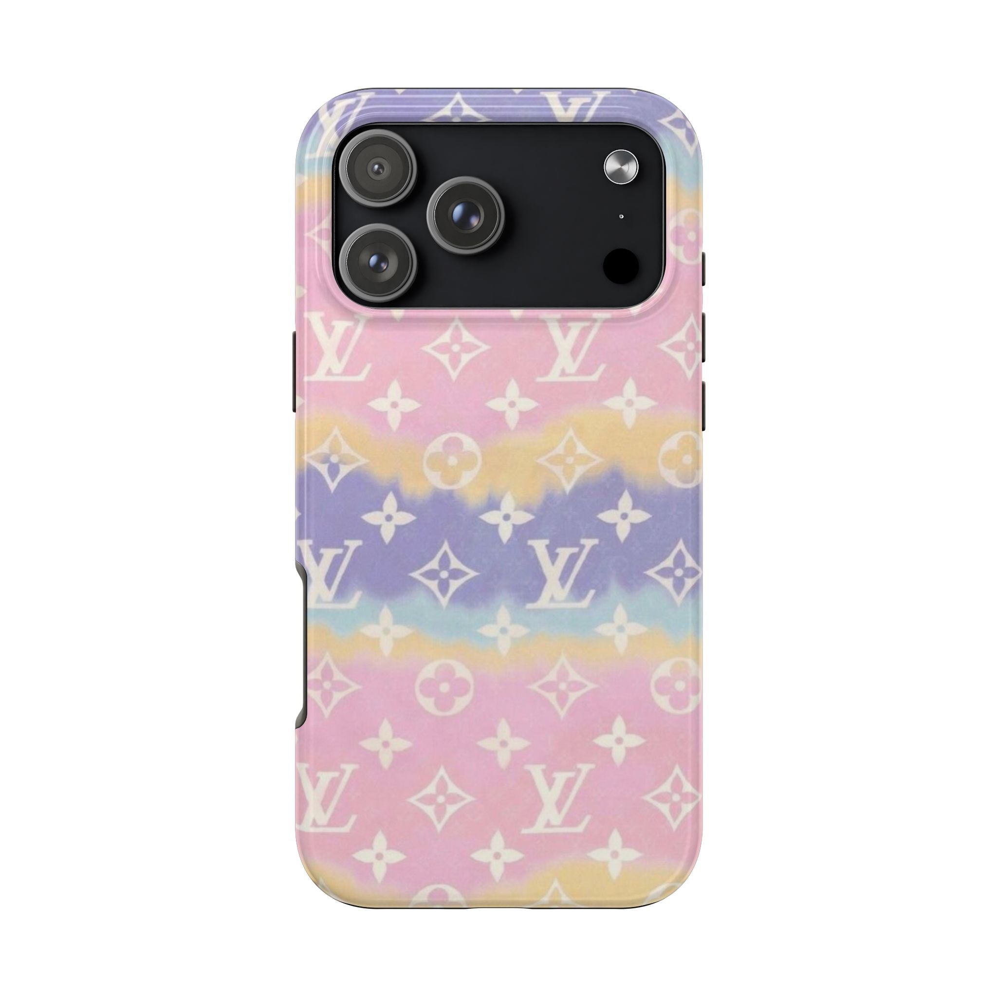 Gradient phone case with LV-style monogram pattern, glossy black camera cutout