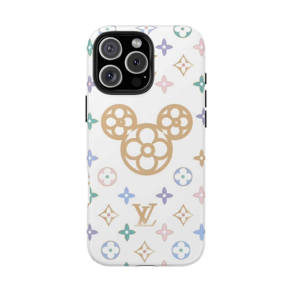 White pastel LV Mickey phone case with tan Mickey graphic and flower pattern