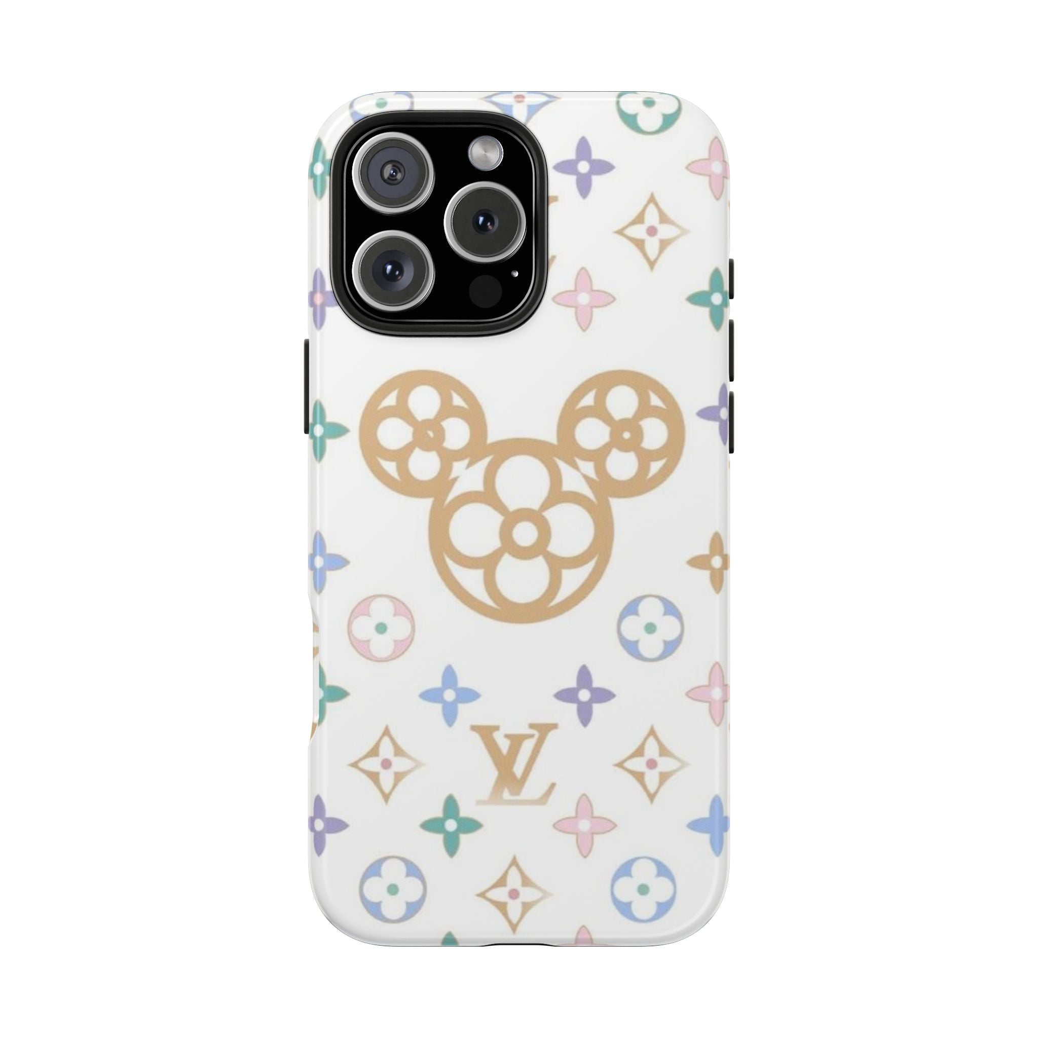 White pastel LV Mickey phone case with tan Mickey graphic and flower pattern