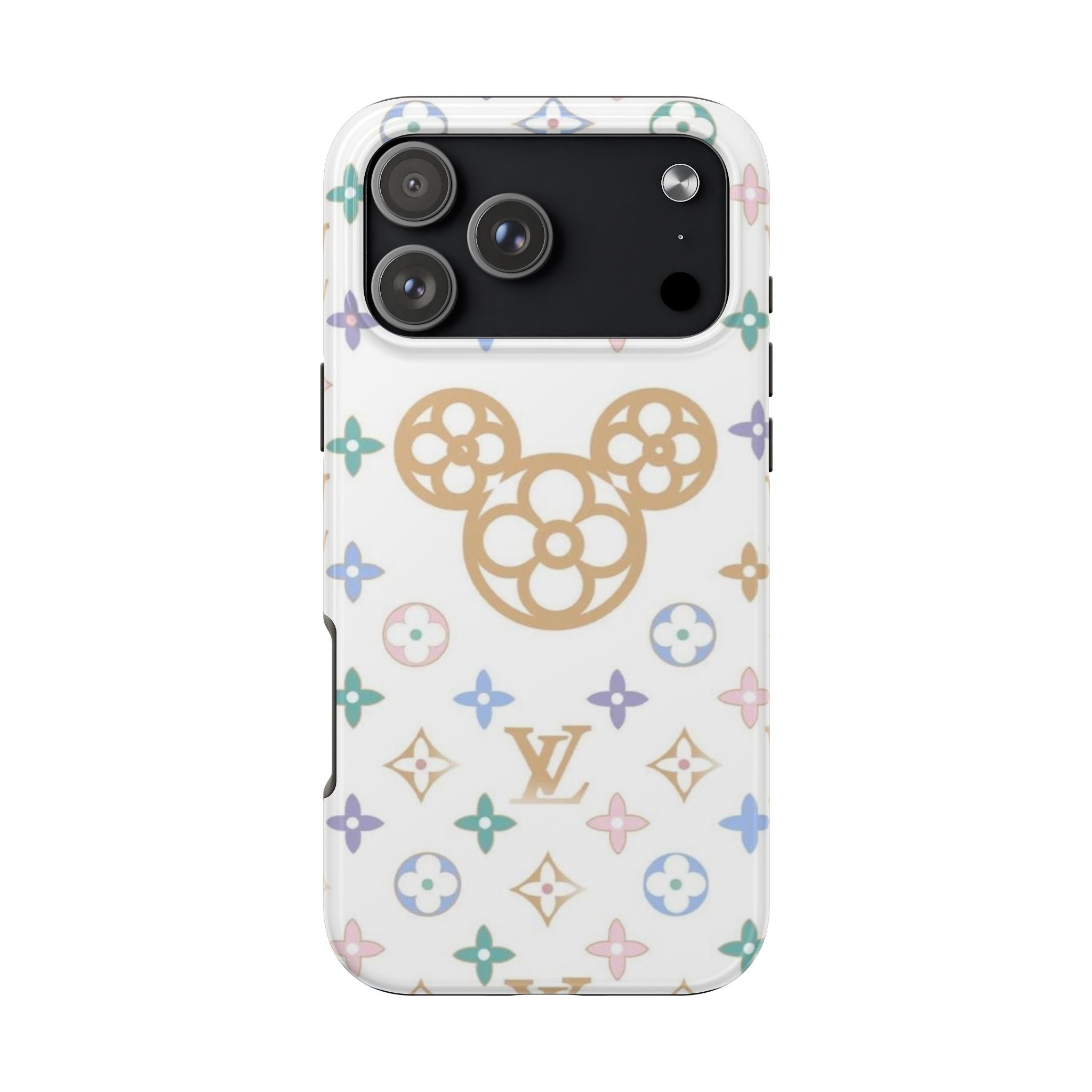 White pastel LV Mickey phone case with tan Mickey silhouette and multicolor star icons