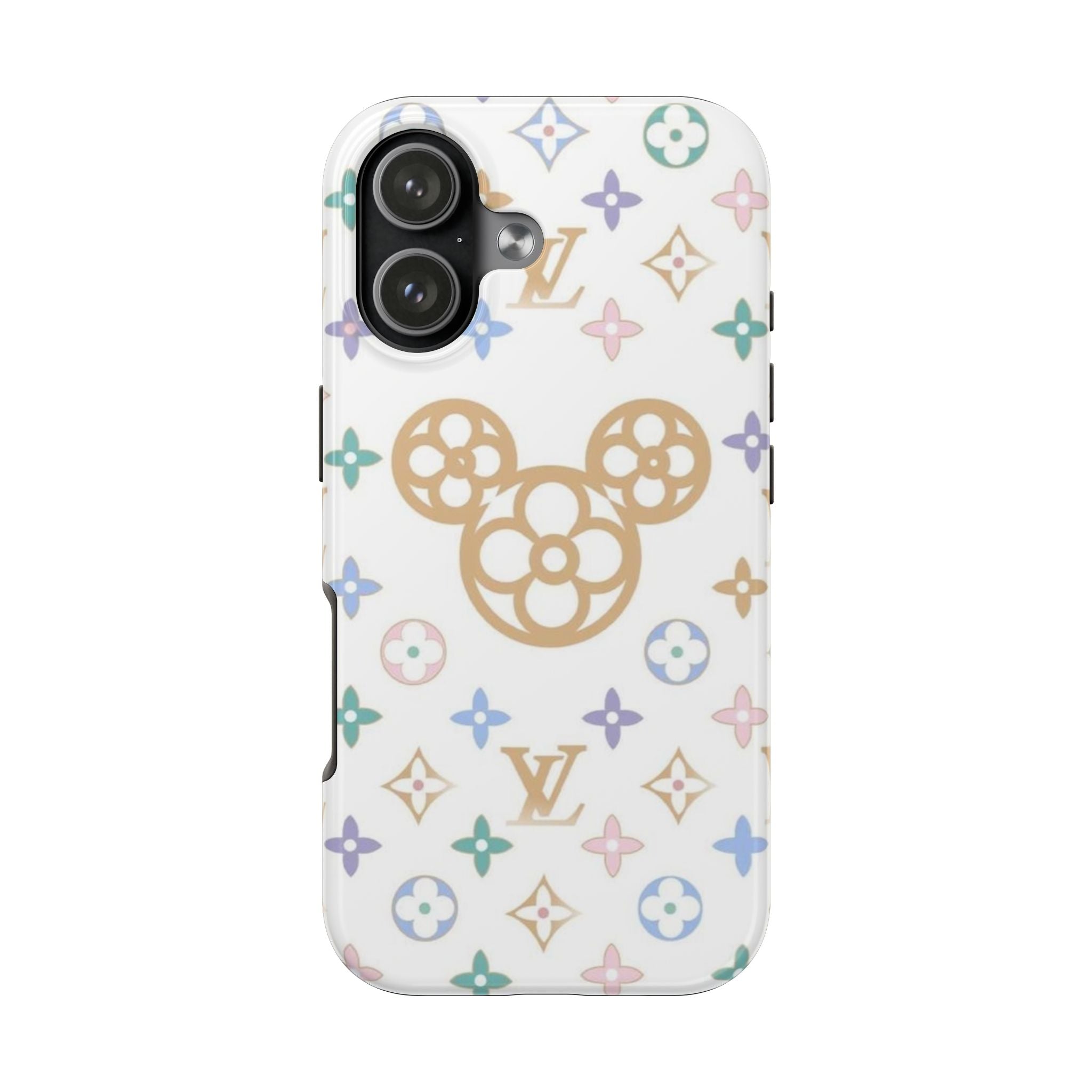 White pastel Mickey LV phone case with multicolor icons and tan Mickey silhouette