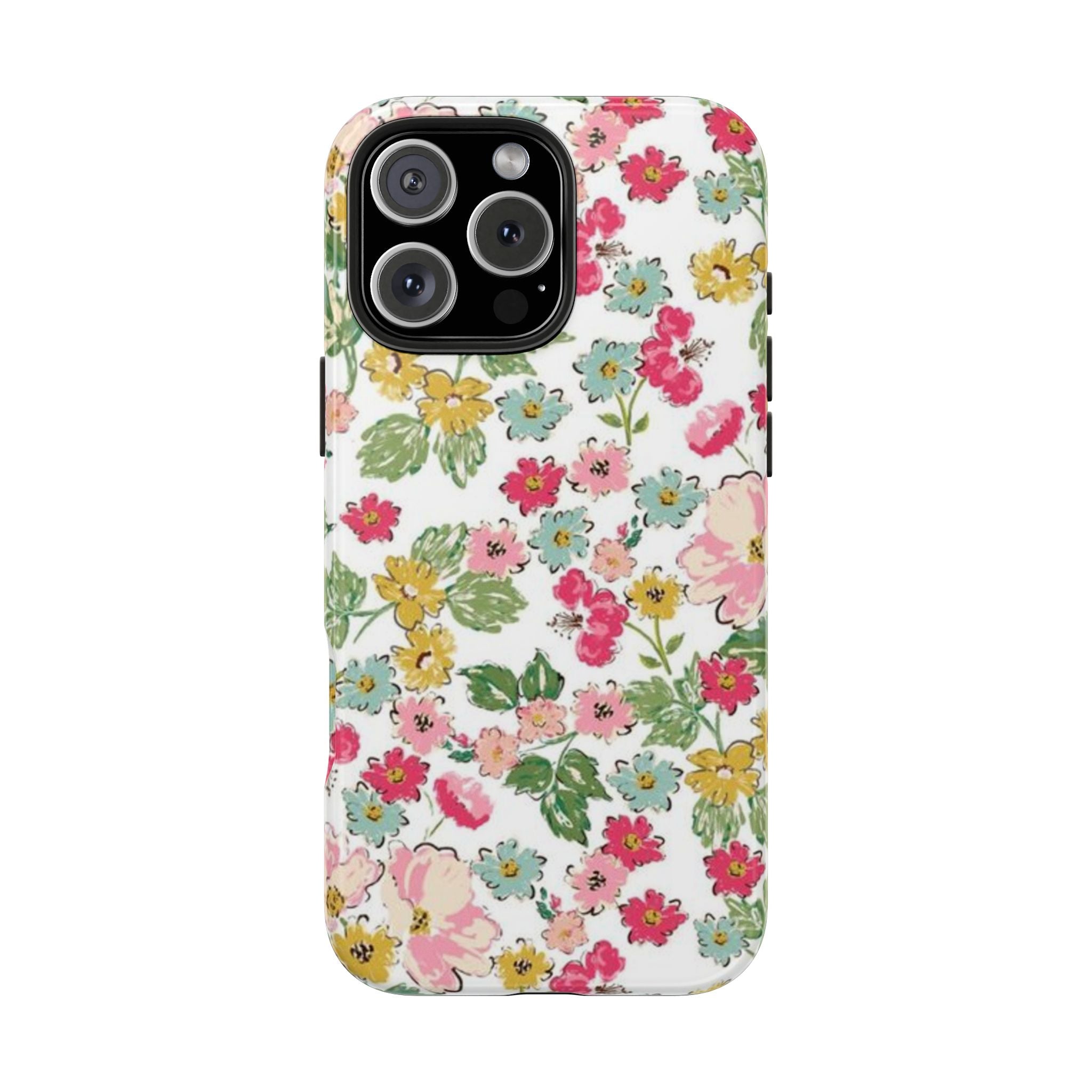 Floral phone case on white background with pink, yellow, blue, and green flowers; camera cutouts