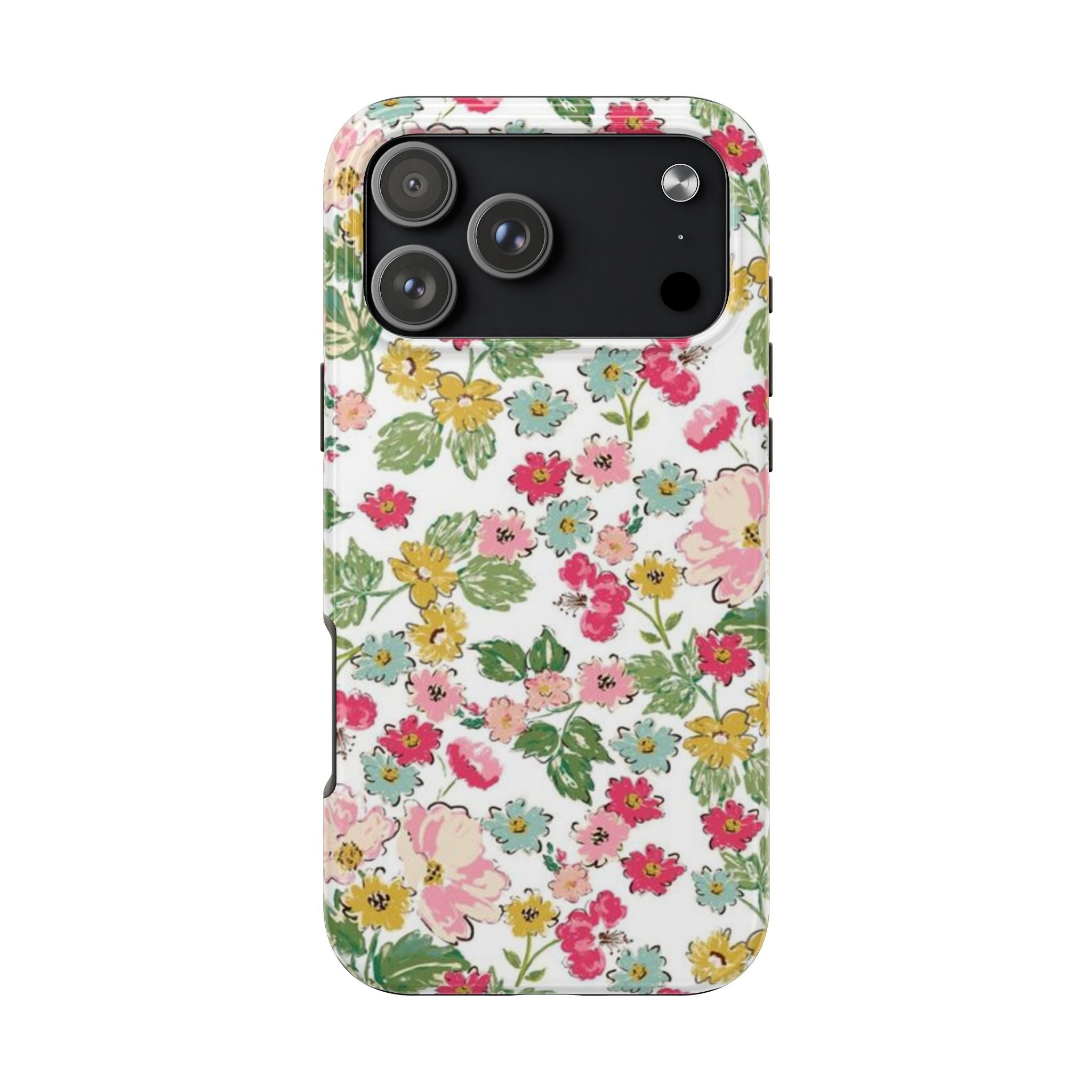 Floral phone case front view; white with pink, yellow, blue, and green flower pattern; camera lenses