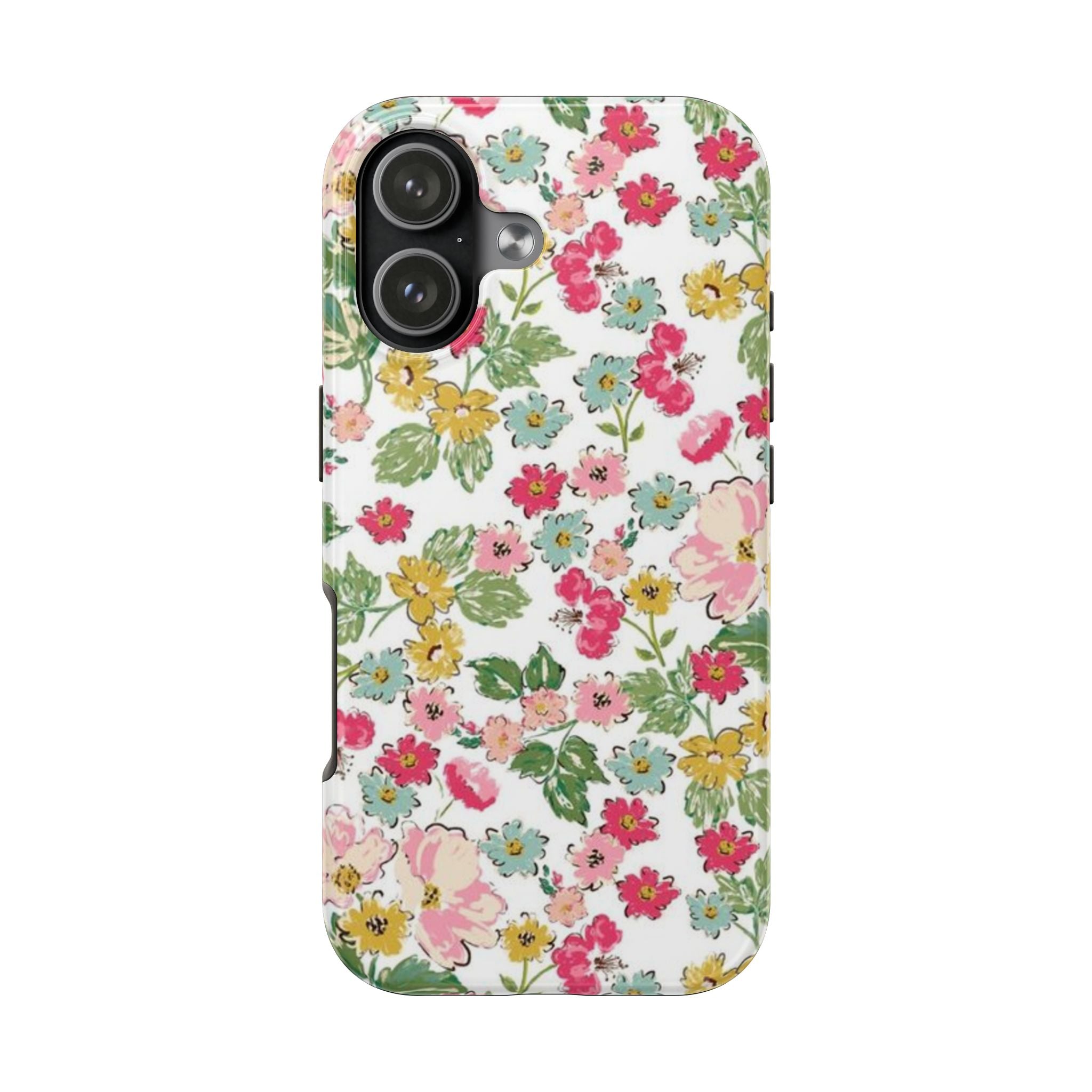 Floral protective phone case on white with pink, yellow, blue, and green blossoms; camera cutout