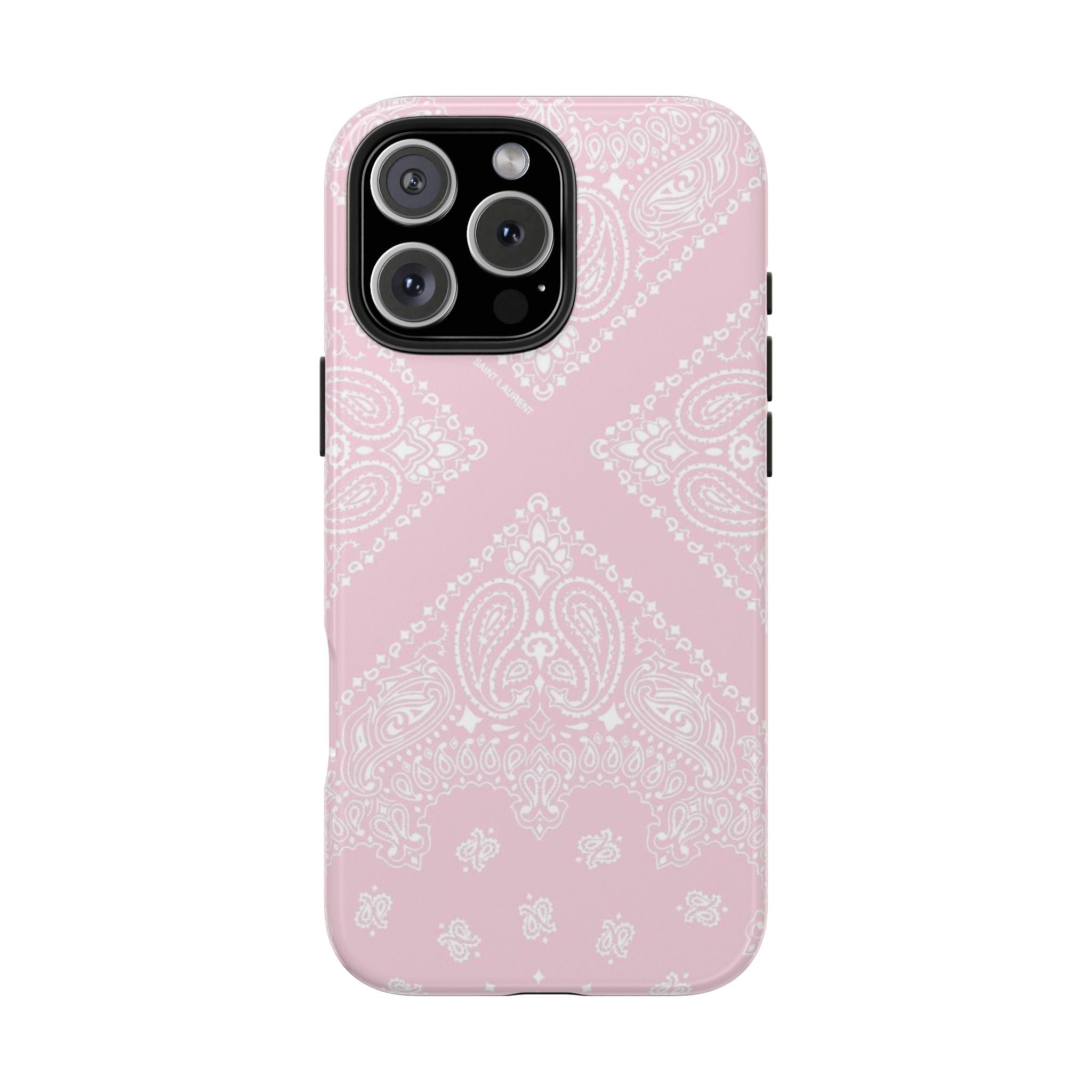 Baby pink phone case with white paisley bandana pattern and camera lens openings