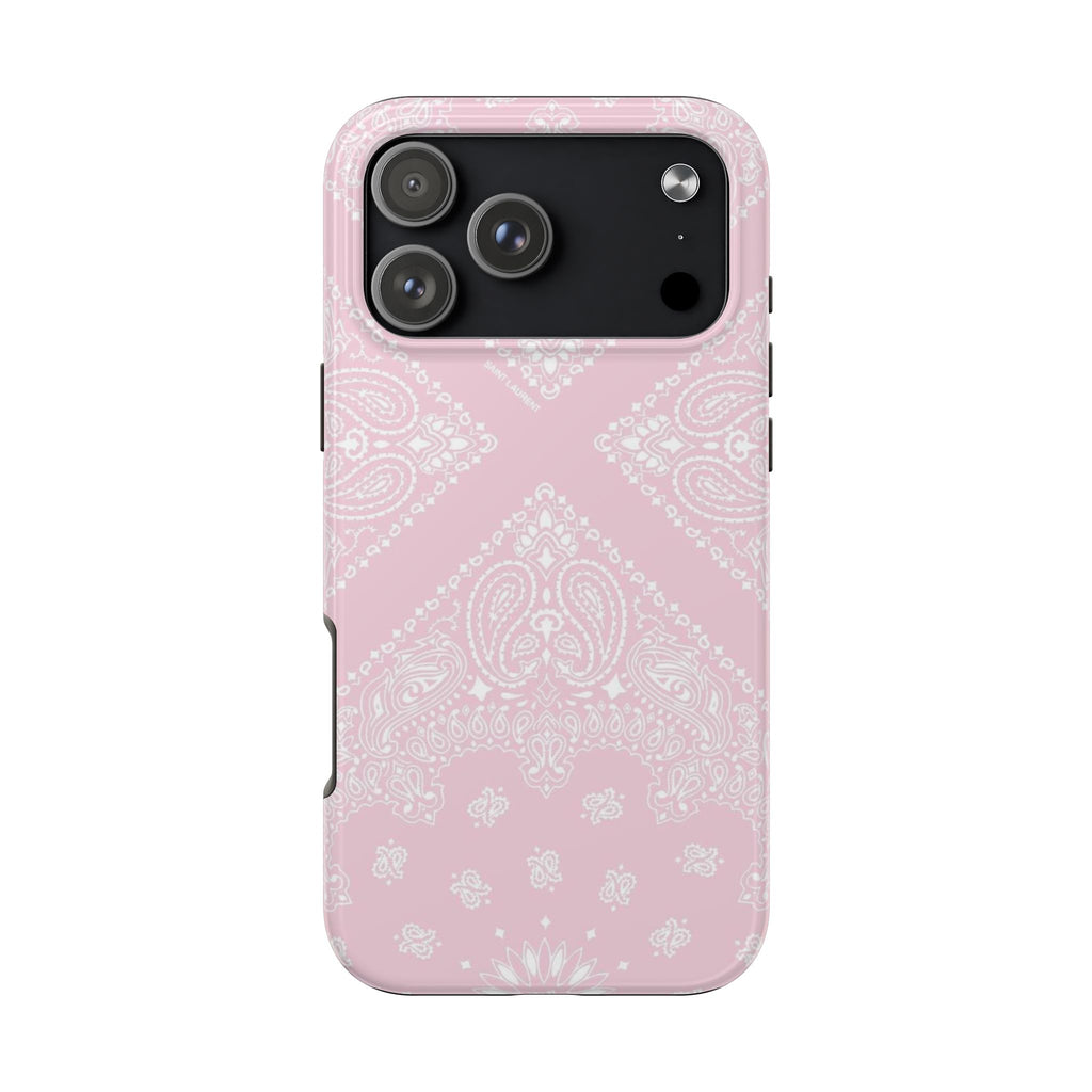 Baby pink phone case with white paisley bandana pattern, raised camera cutout