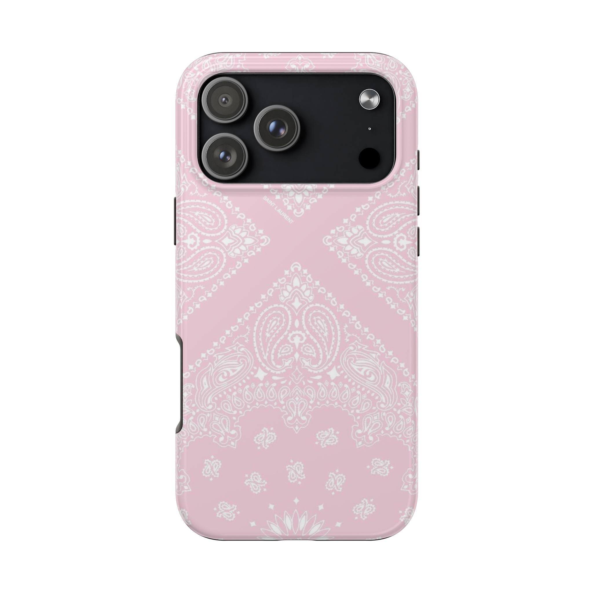 Baby pink phone case with white paisley bandana pattern, raised camera cutout