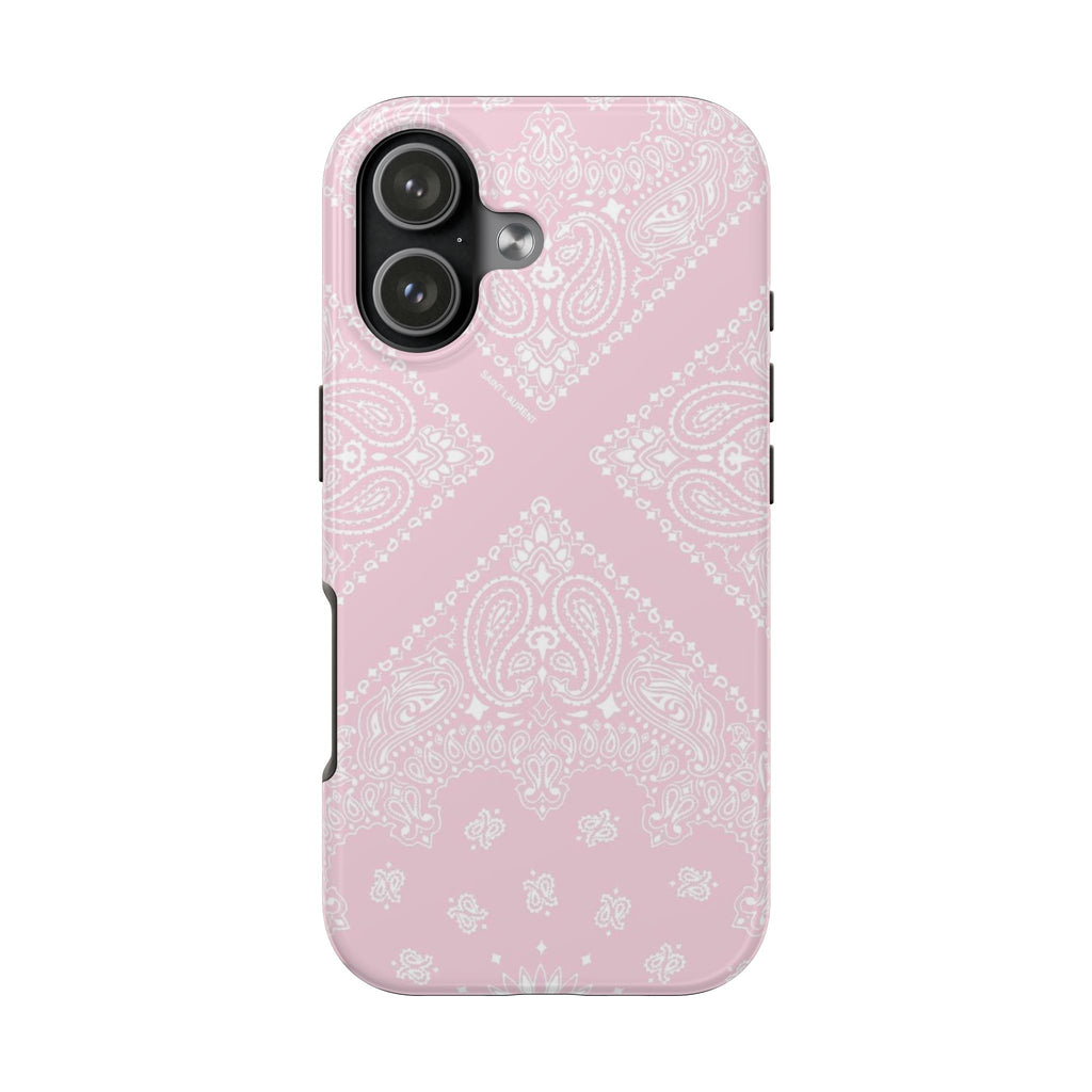 Baby pink phone case with white paisley bandana pattern, back view with camera module