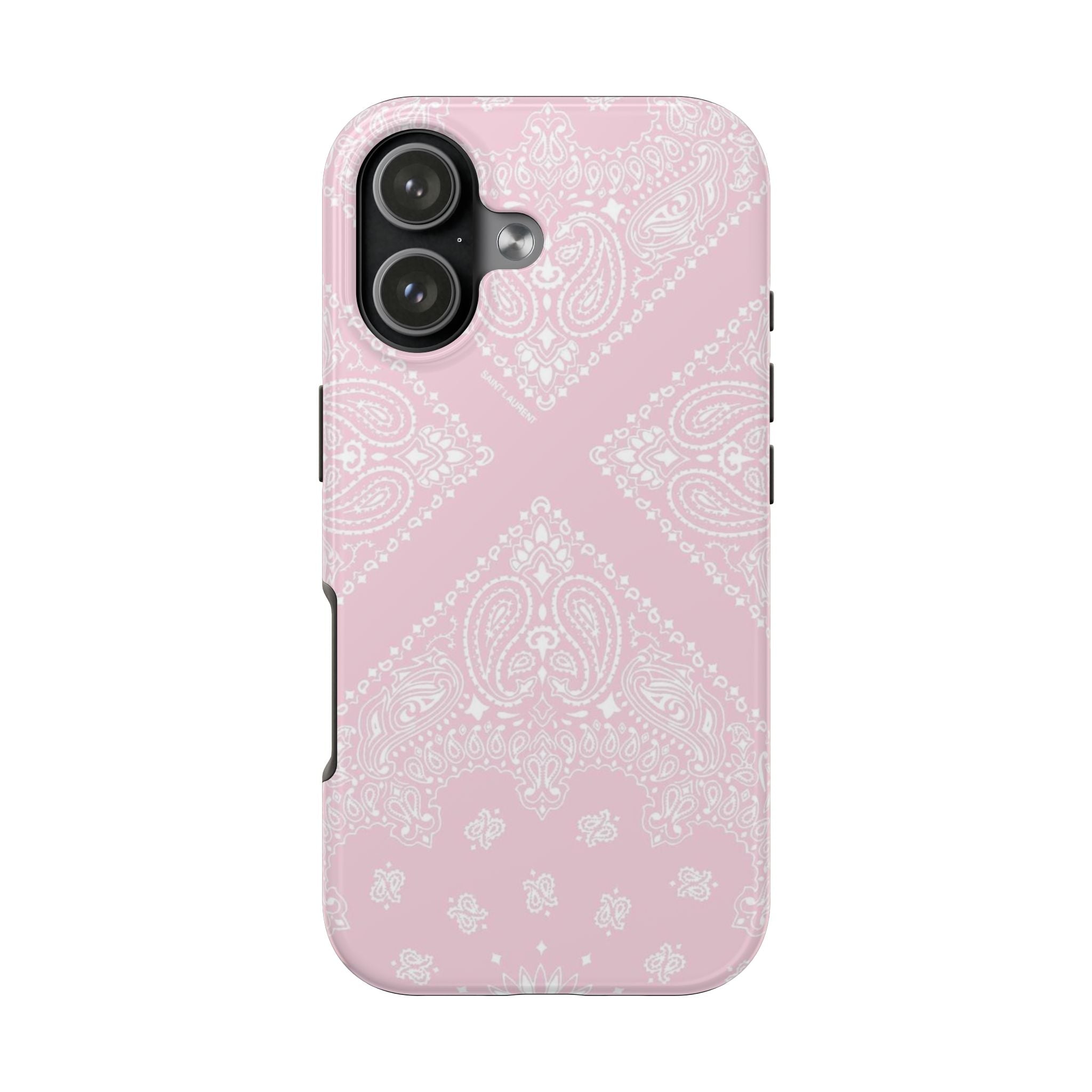 Baby pink phone case with white paisley bandana pattern, back view with camera module