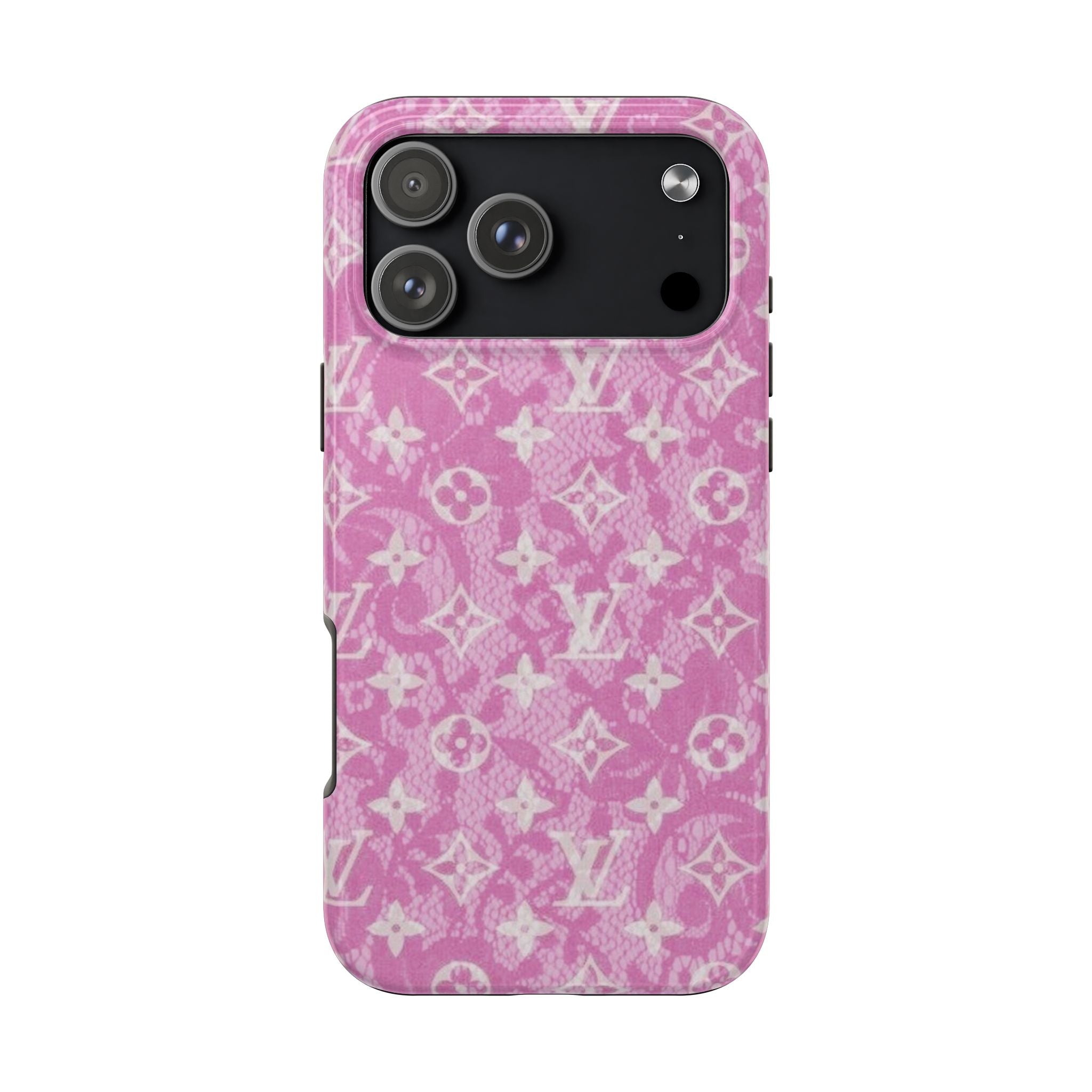 Pink LV phone case with white monogram pattern; camera module and flash openings shown