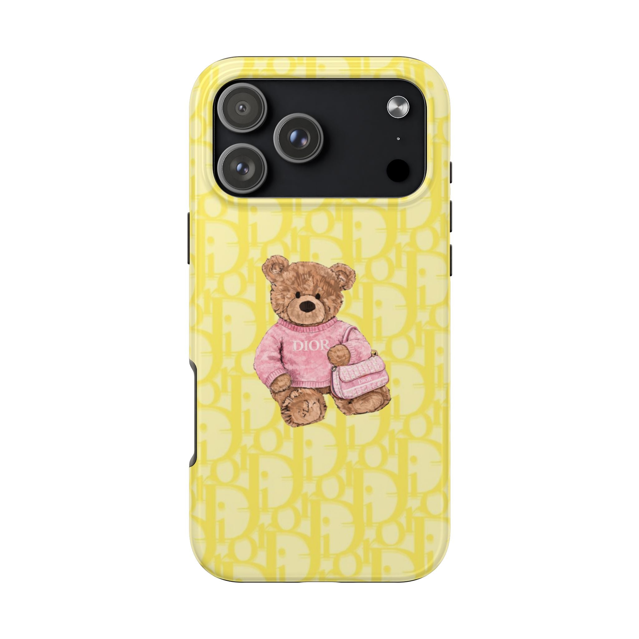 Yellow Dior teddy bear phone case with pink sweatshirt bear and small purse detail