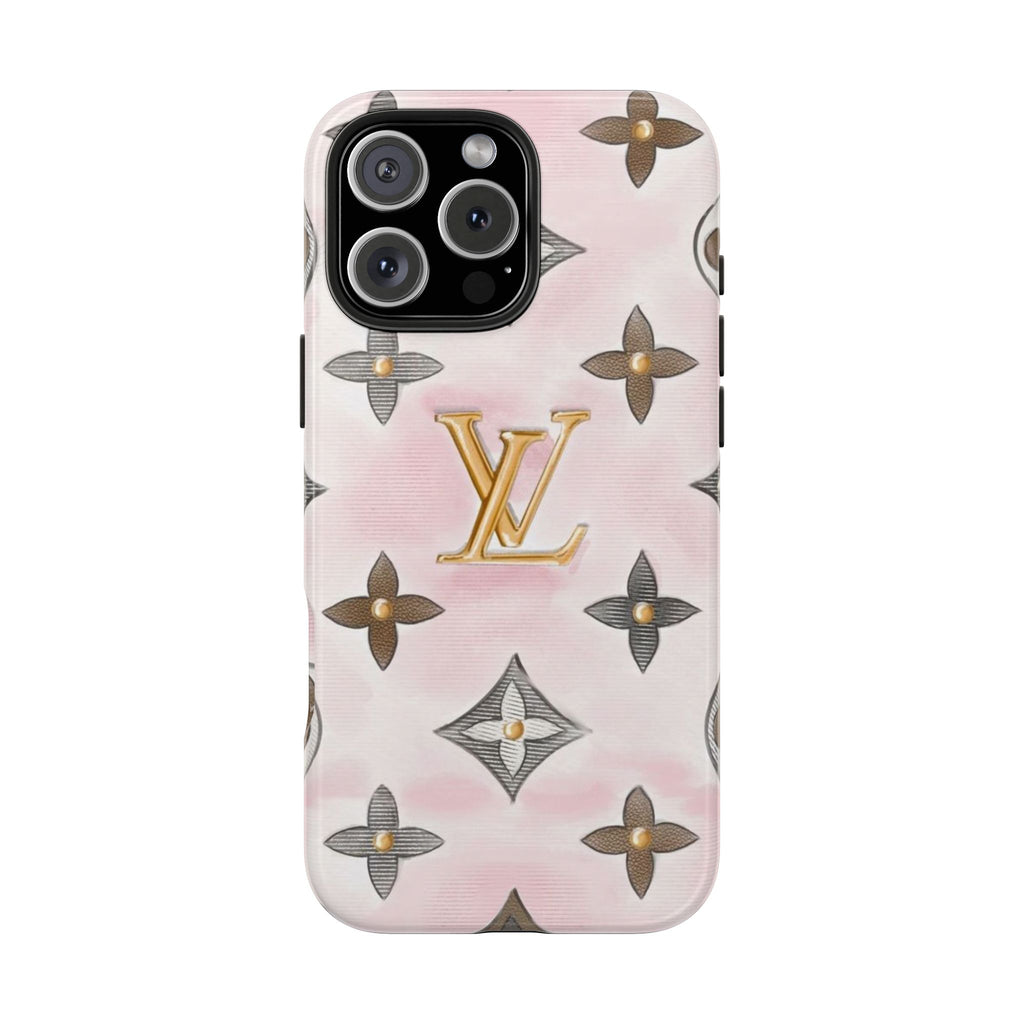 Light pink phone case with gold LV monogram and flower pattern, camera cutouts