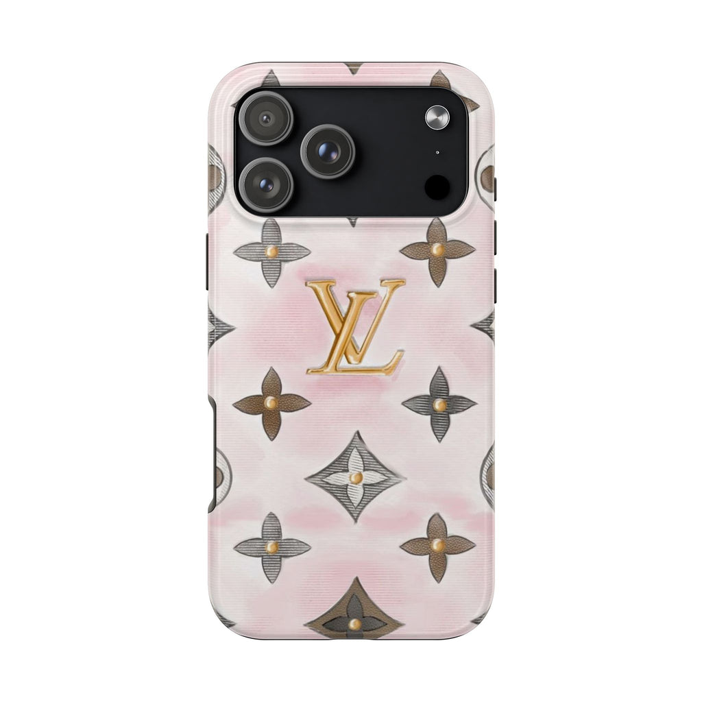 Light pink phone case with gold LV monogram and repeating flower icons, camera area