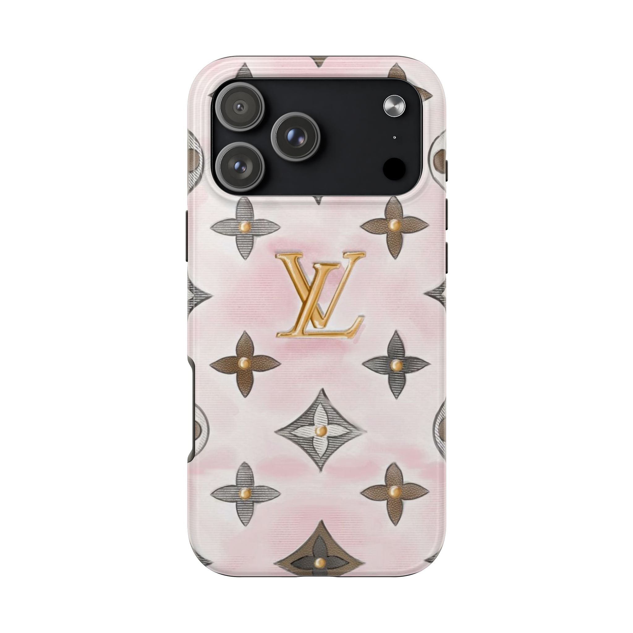 Light pink phone case with gold LV monogram and repeating flower icons, camera area