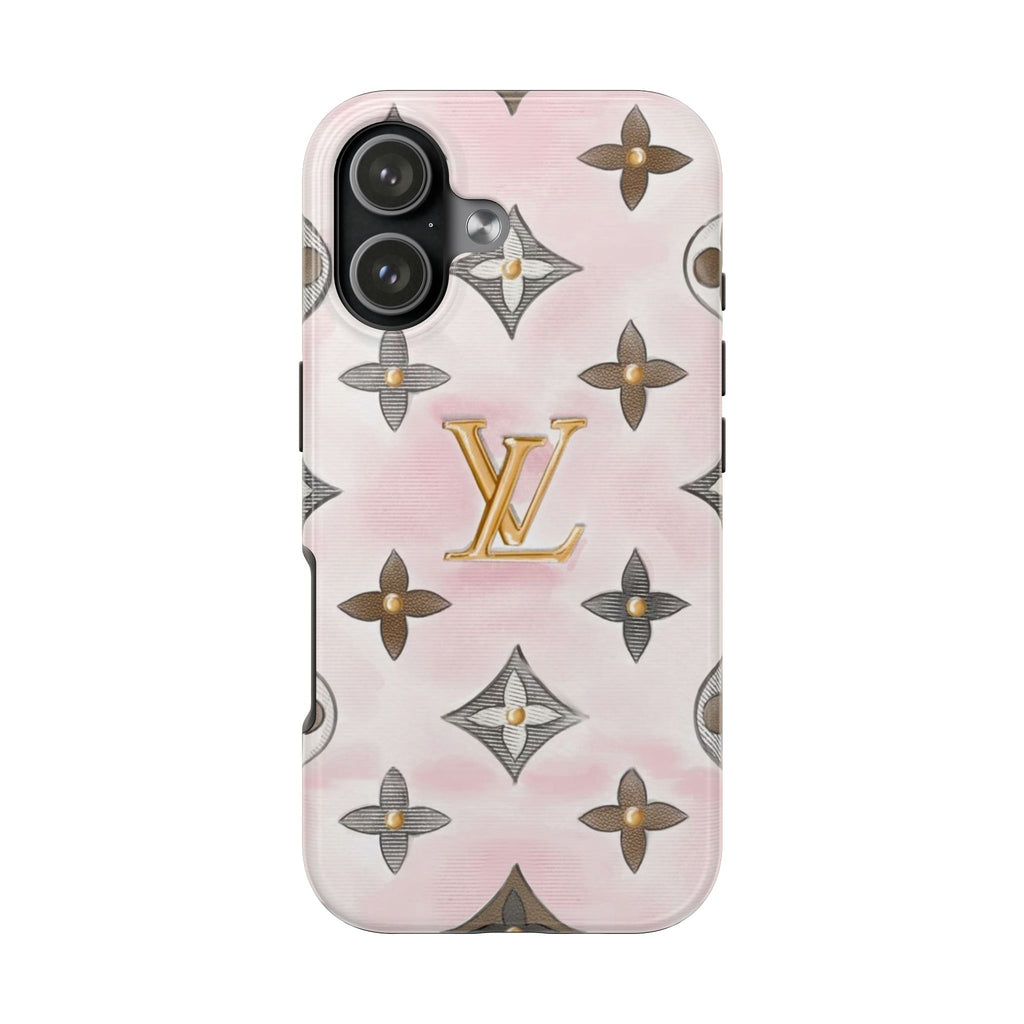 Light pink phone case with gold LV emblem and floral pattern, raised camera rings
