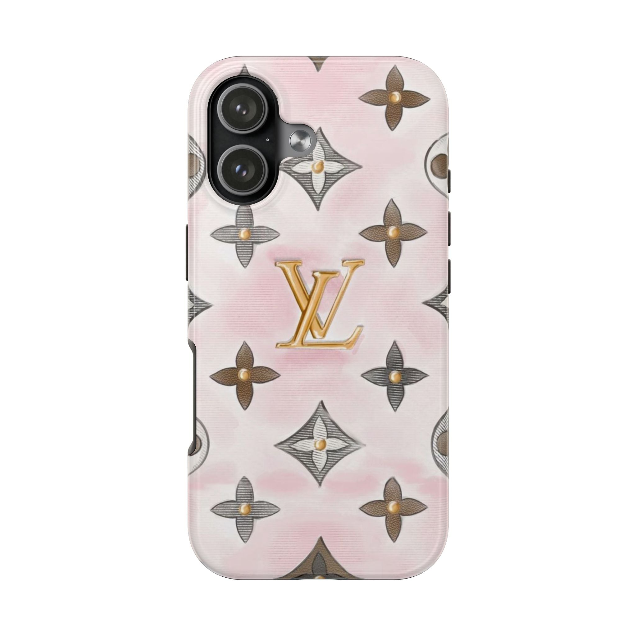 Light pink phone case with gold LV emblem and floral pattern, raised camera rings