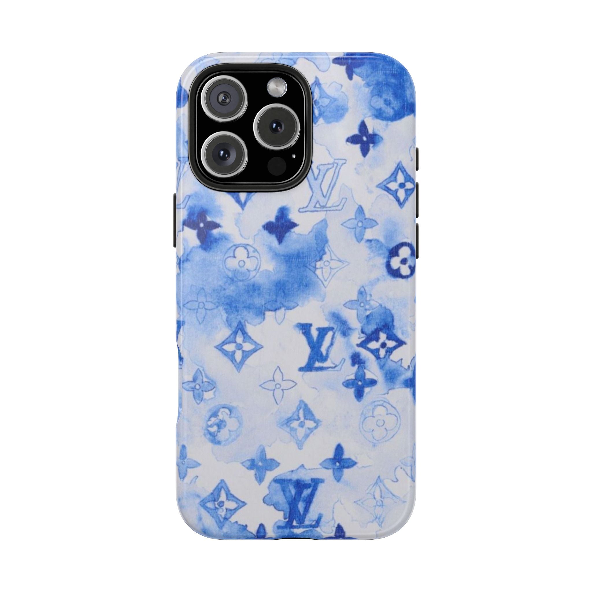 Watercolor blue phone case with LV monogram and floral motifs