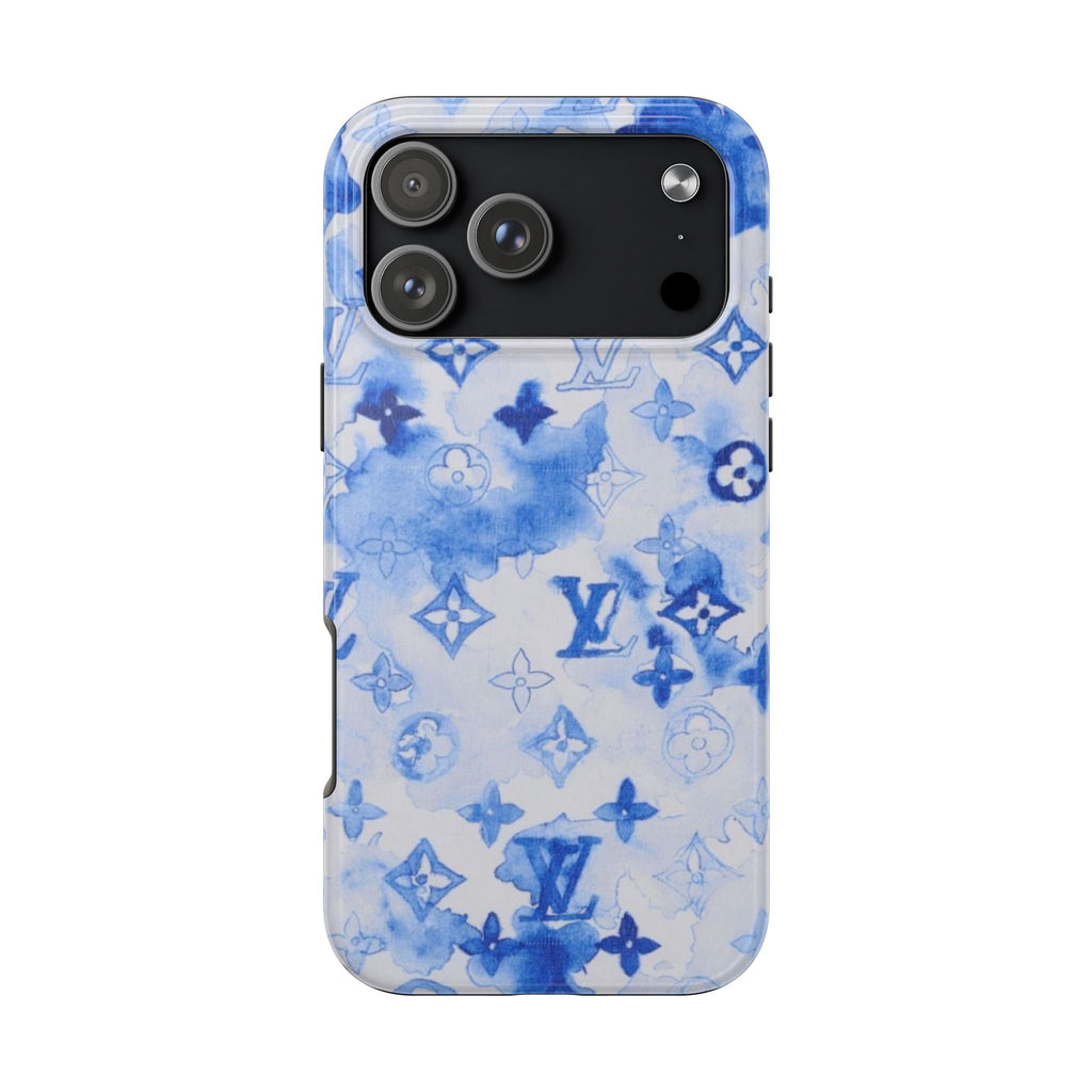 Watercolor blue phone case with LV monogram and flower star pattern, black camera cutout