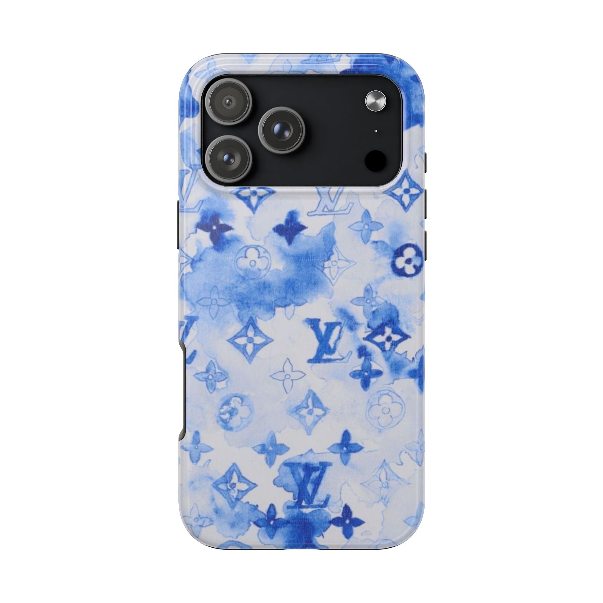 Watercolor blue phone case with LV monogram and flower star pattern, black camera cutout