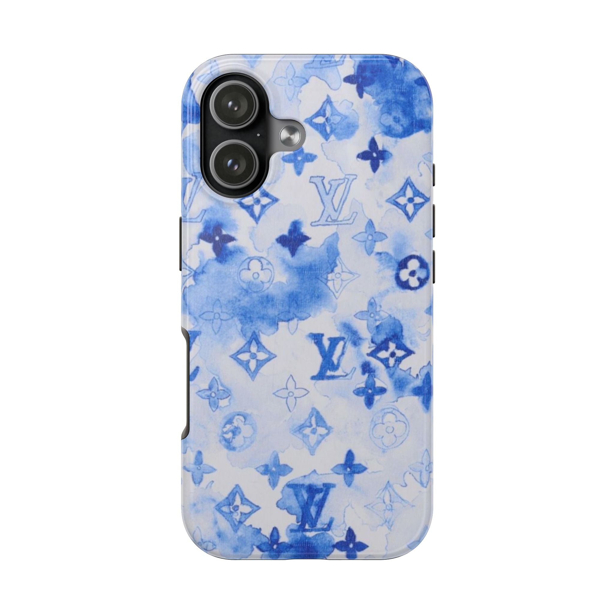 Watercolor blue phone case with LV monogram icons and raised camera frame