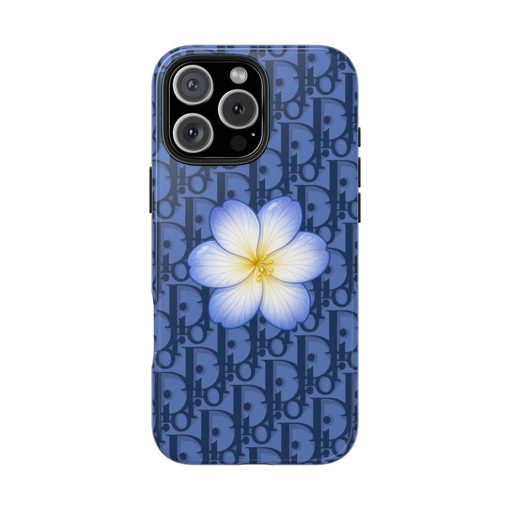 Dior flower phone case, steel blue with Dior monogram pattern and large blue blossom