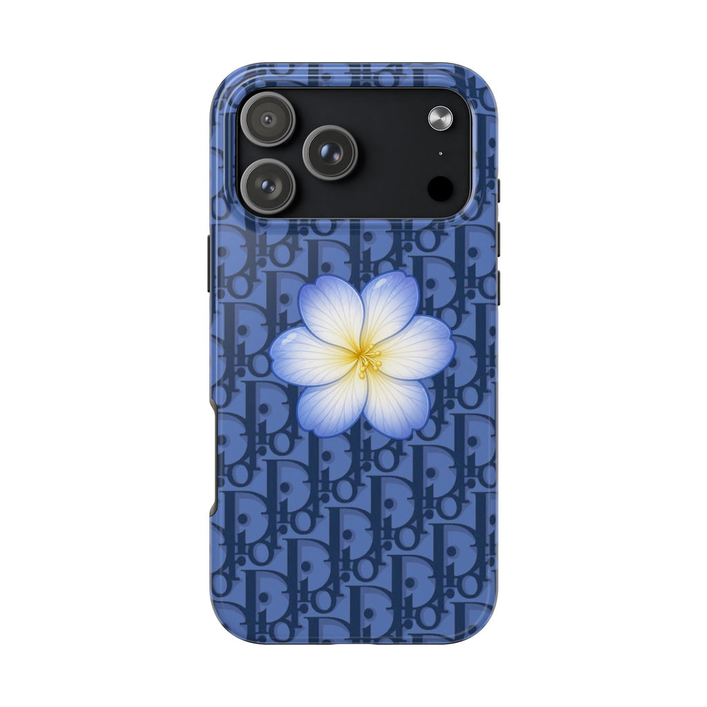 Dior flower phone case back, steel blue monogram pattern with centered blue blossom