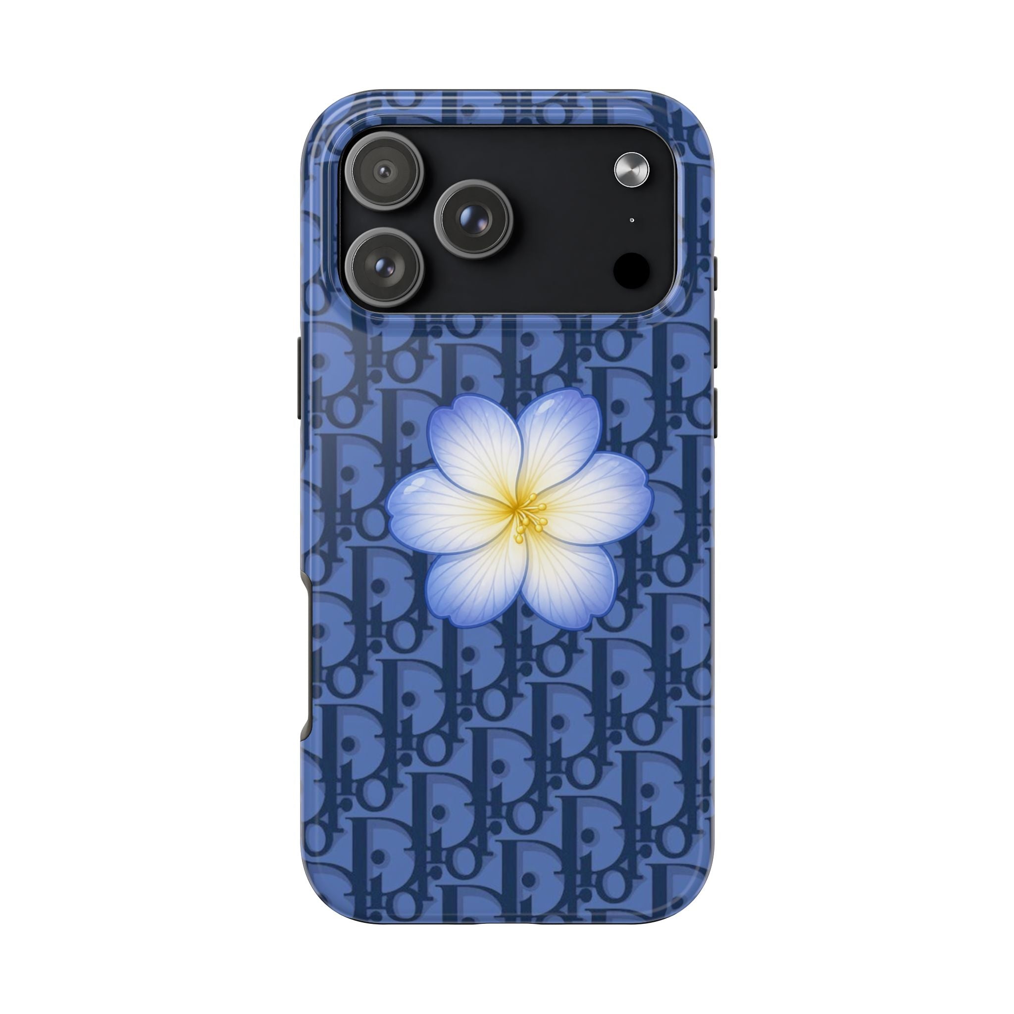 Dior flower phone case back, steel blue monogram pattern with centered blue blossom
