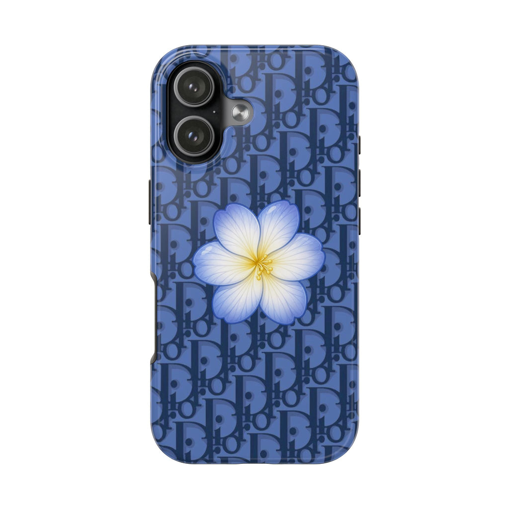 Dior flower phone case back, steel blue monogram pattern with blue blossom centered