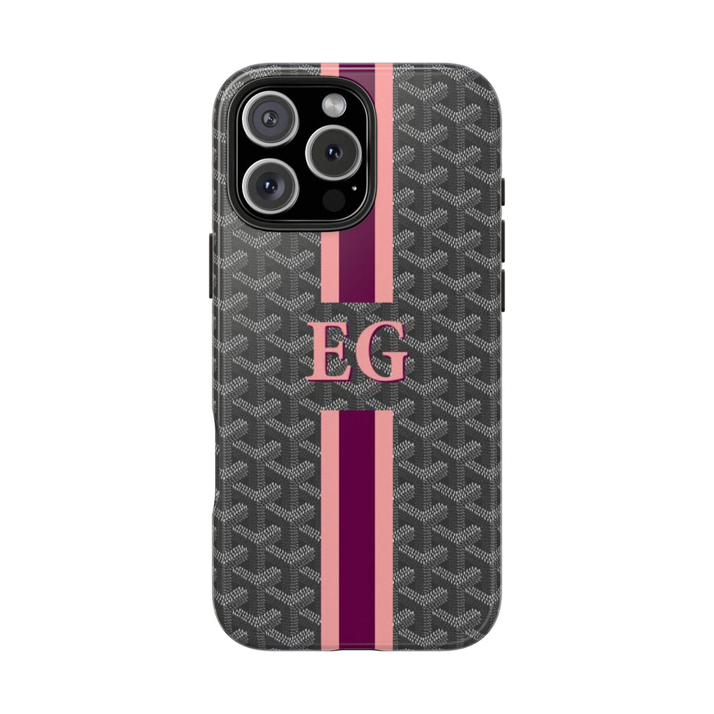 Personalized grey Goyard-pattern phone case with EG monogram and pink stripe