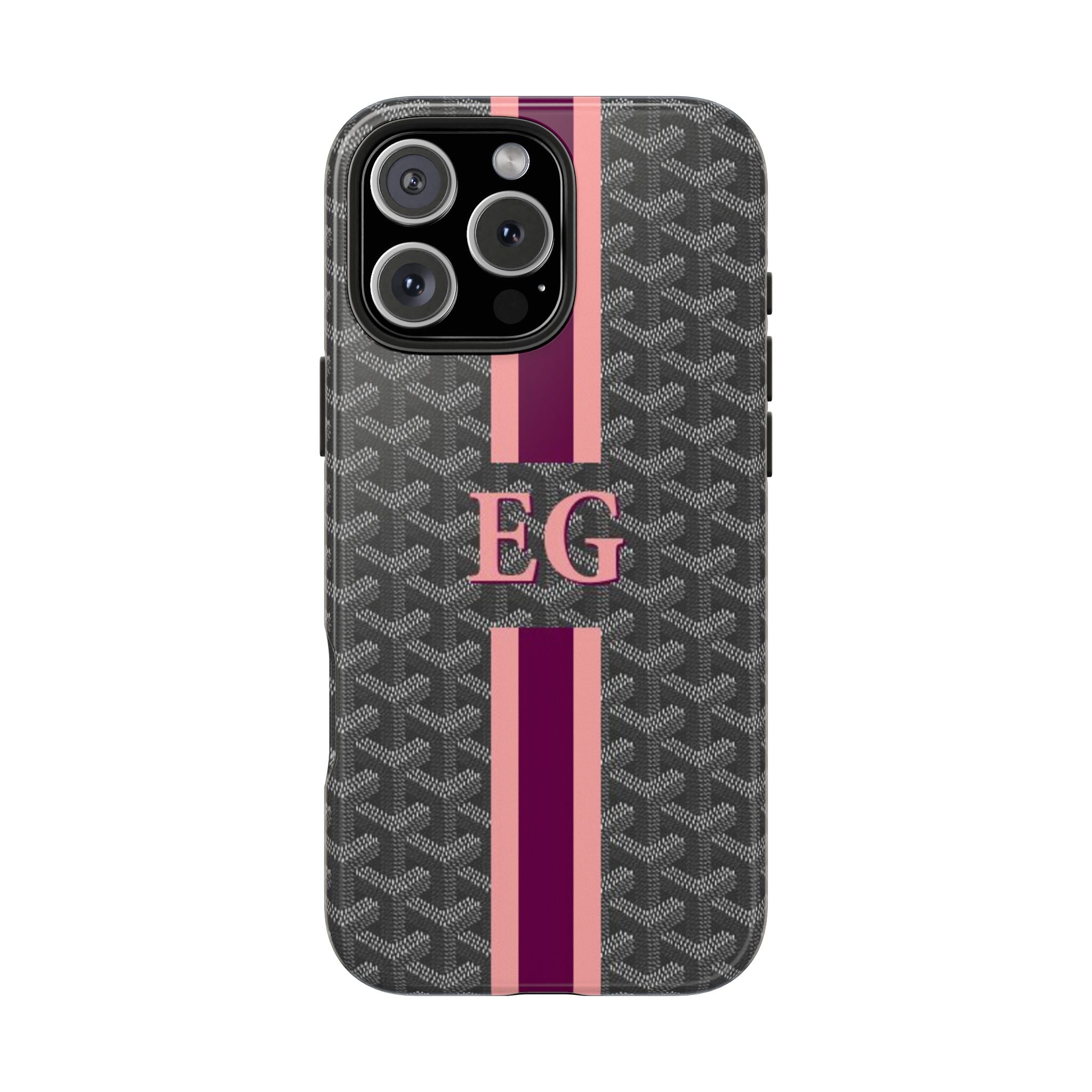 Personalized grey Goyard-pattern phone case with EG monogram and pink stripe