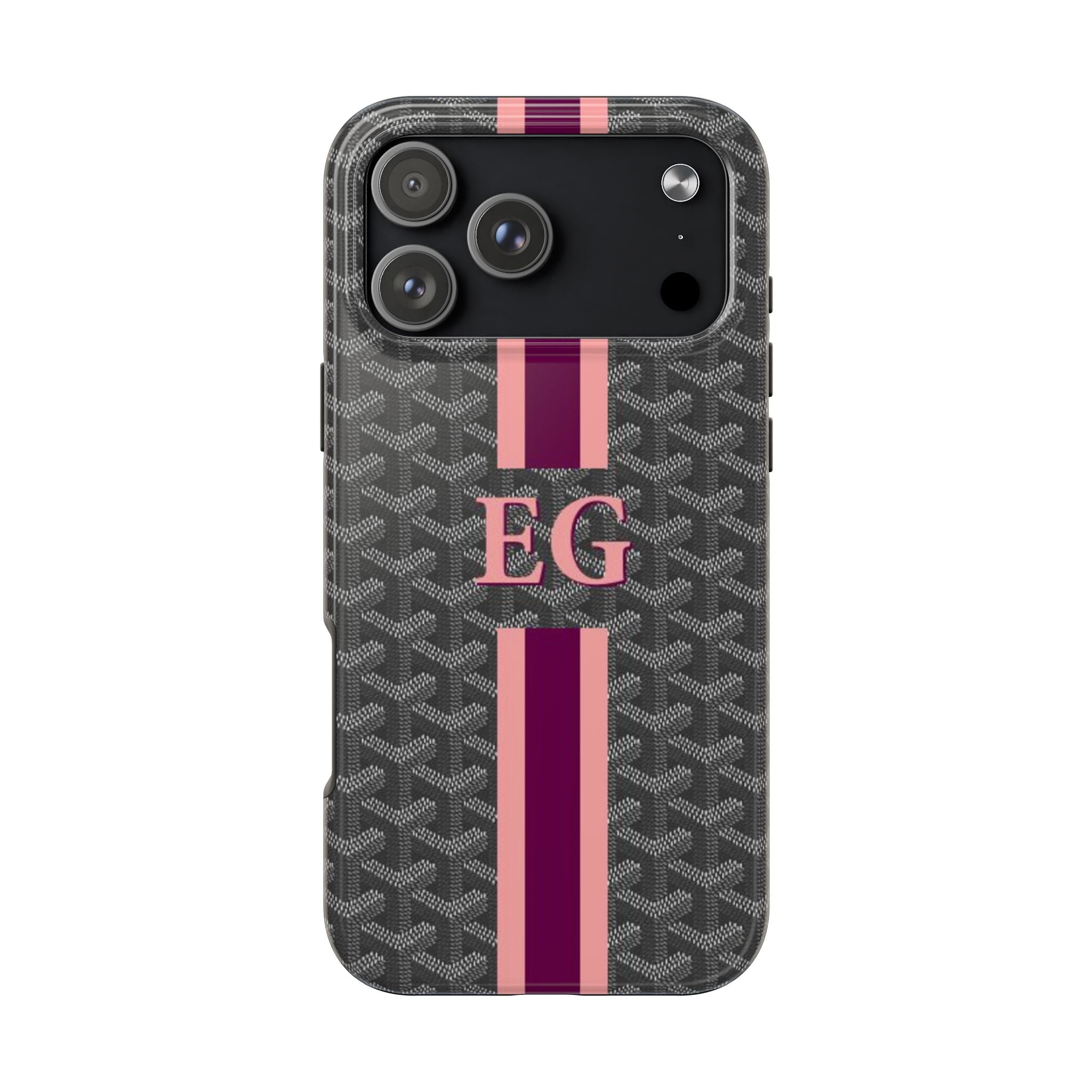 Personalized grey Goyard-pattern phone case with EG monogram, pink stripe, camera cutouts