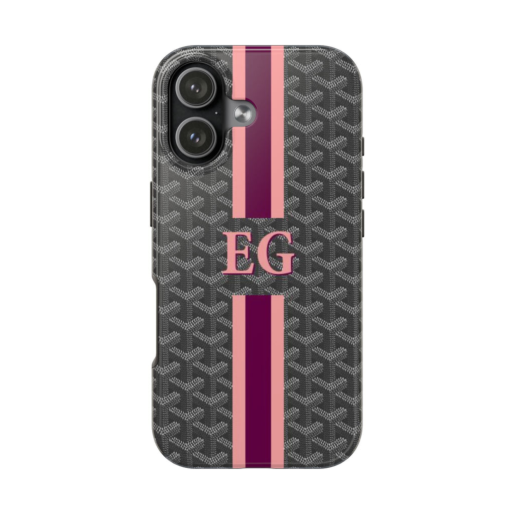 Personalized grey Goyard-pattern phone case with EG monogram and pink stripe