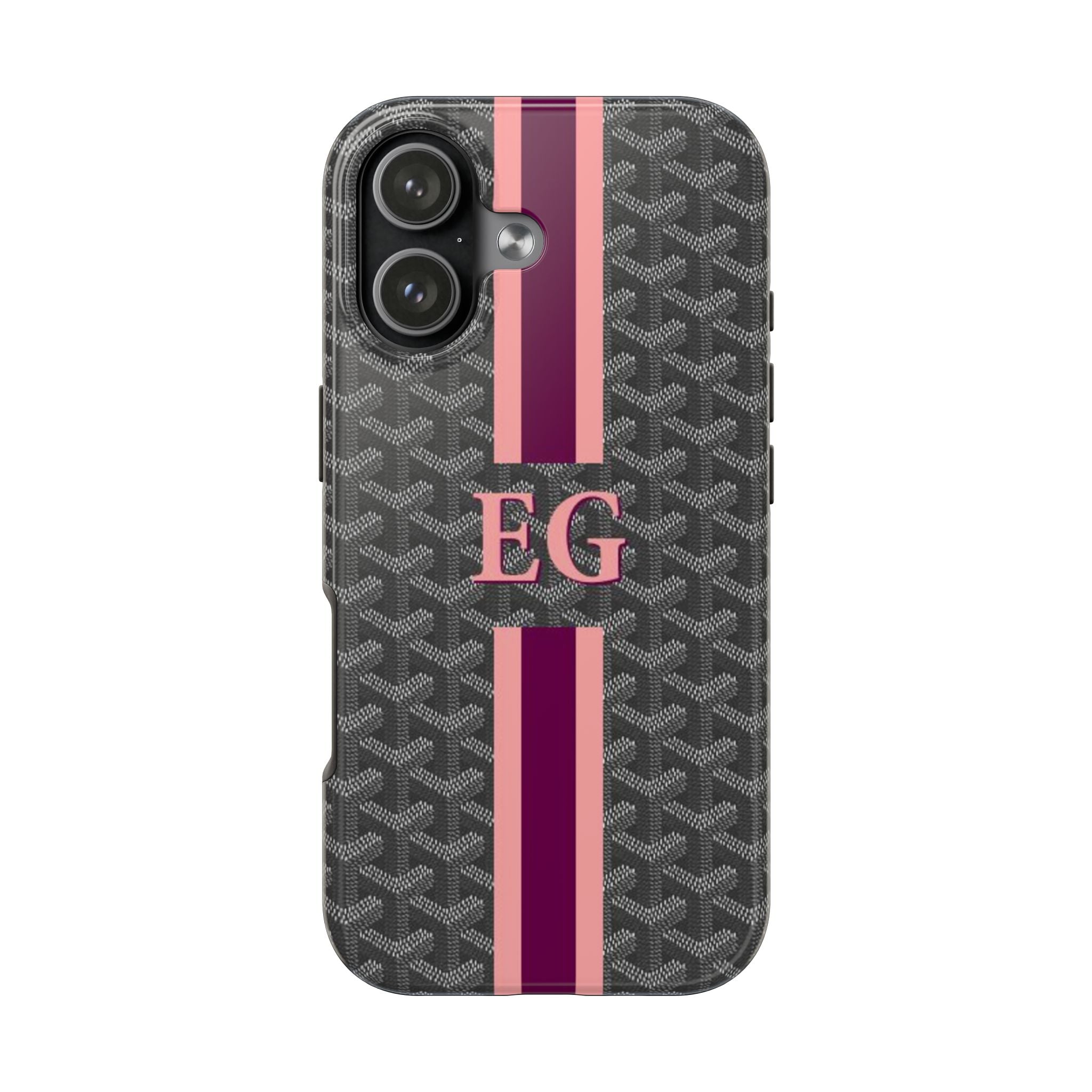 Personalized grey Goyard-pattern phone case with EG monogram and pink stripe