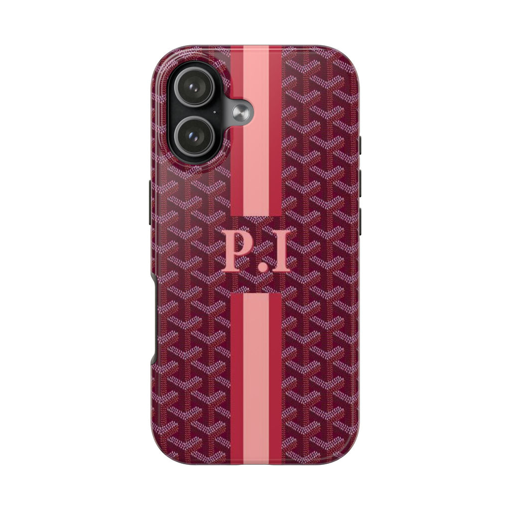 Raspberry patterned phone case with pink stripe and custom monogram, camera cutout