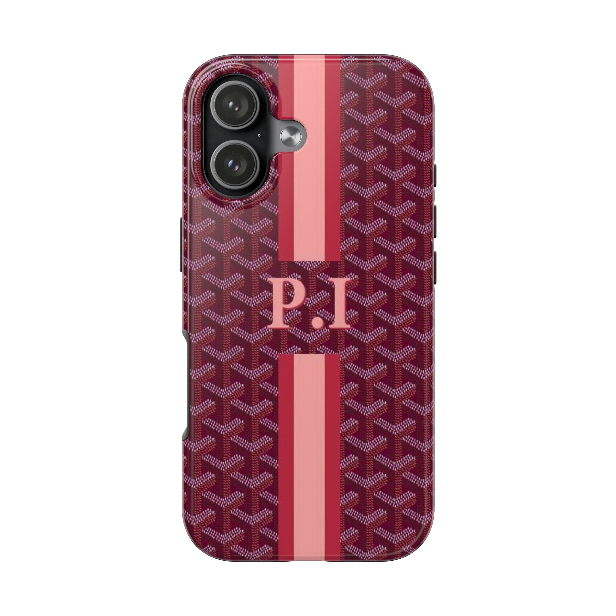 Raspberry patterned phone case with pink stripe and custom monogram, camera cutout