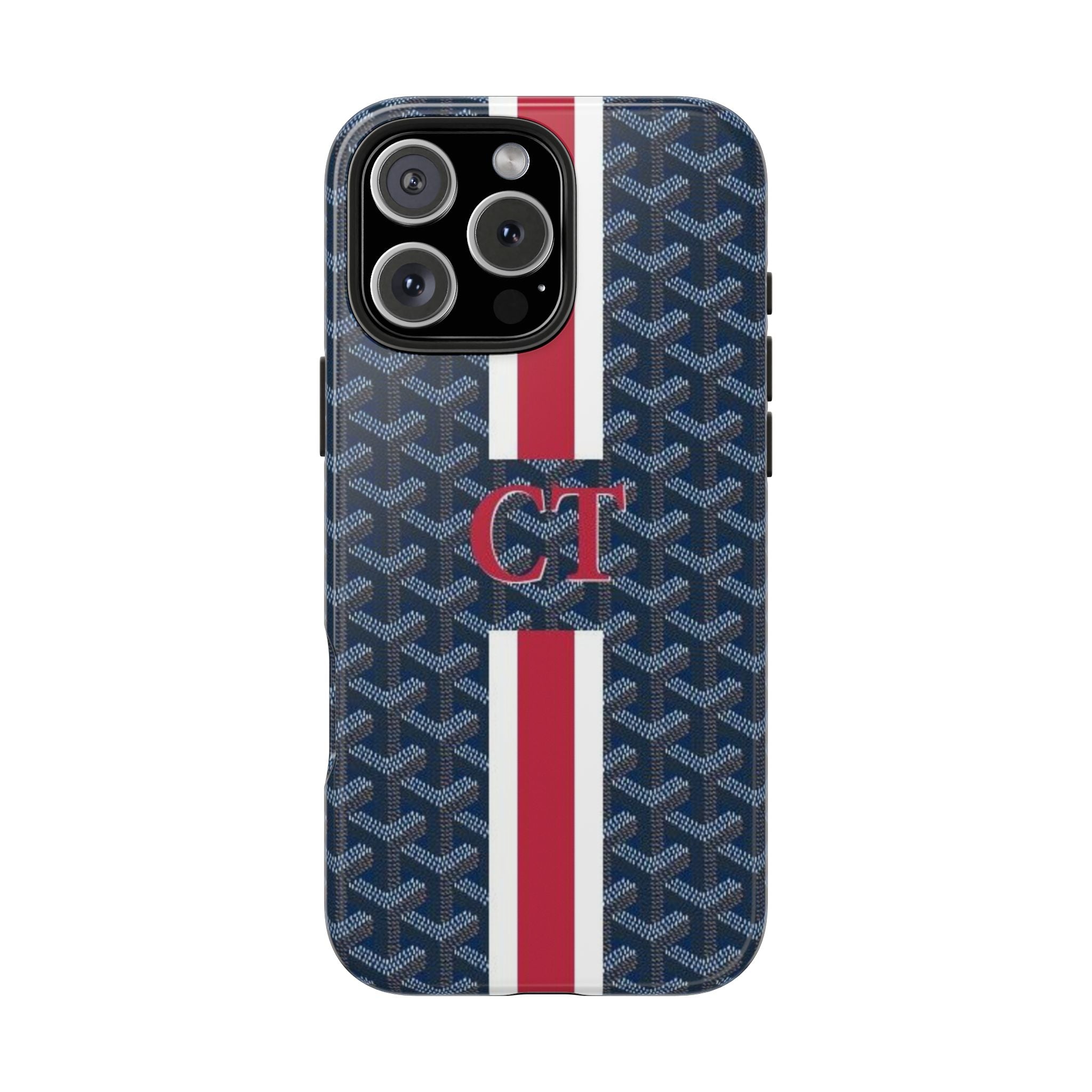 Personalized phone case, steel-blue pattern with red/white stripe and CT monogram on back