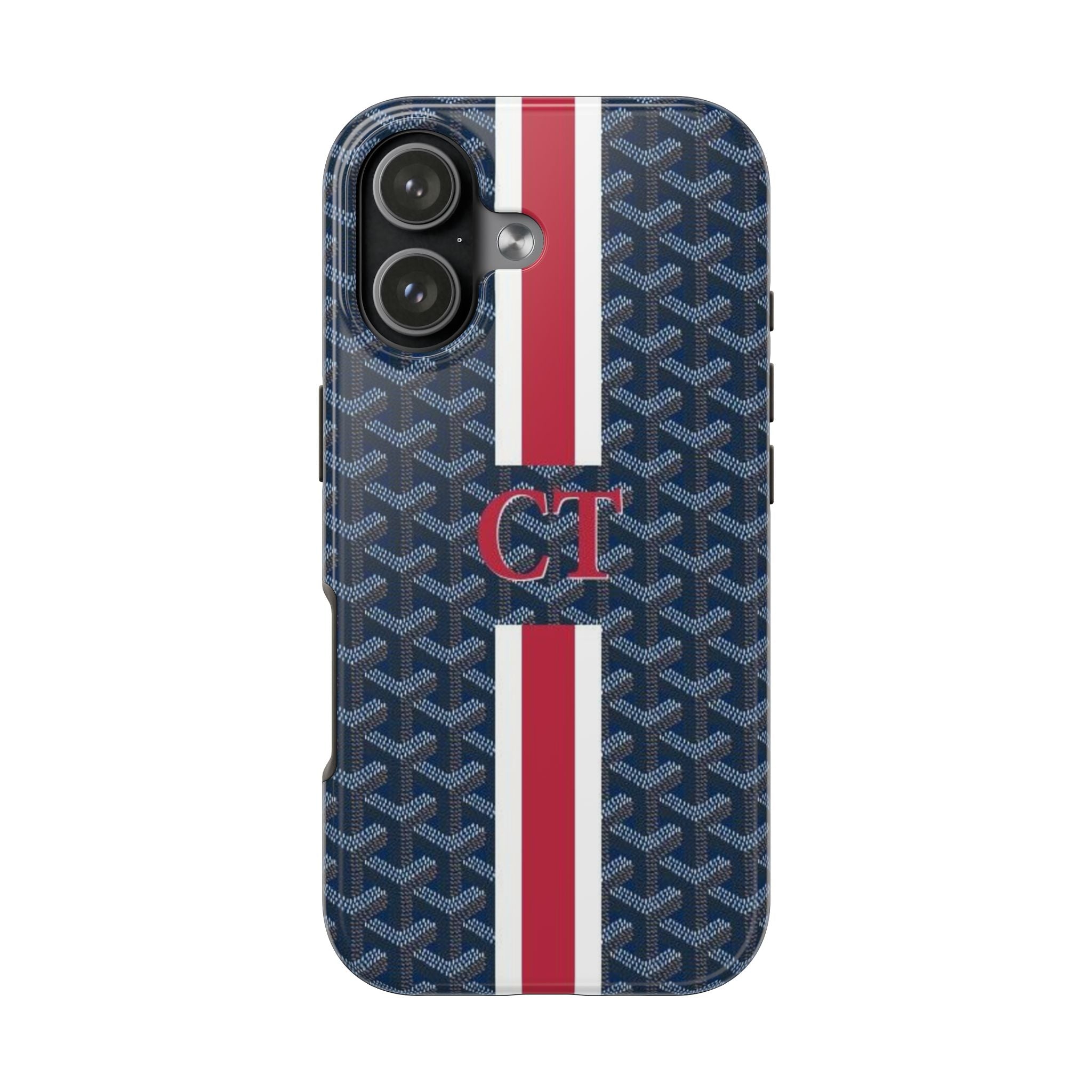 Personalized phone case in steel-blue with red/white stripe, CT monogram over patterned texture