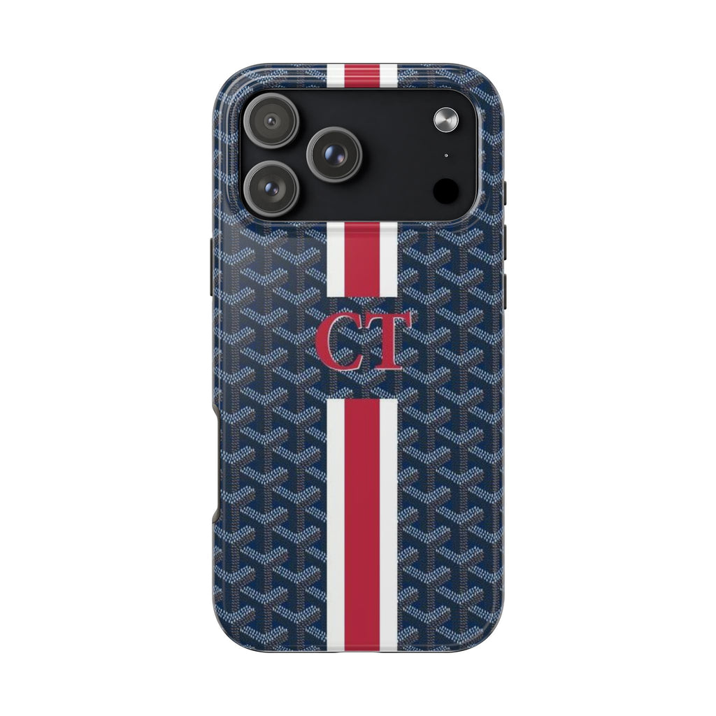 Personalized phone case with steel-blue Goyard pattern, red/white stripe and CT initials
