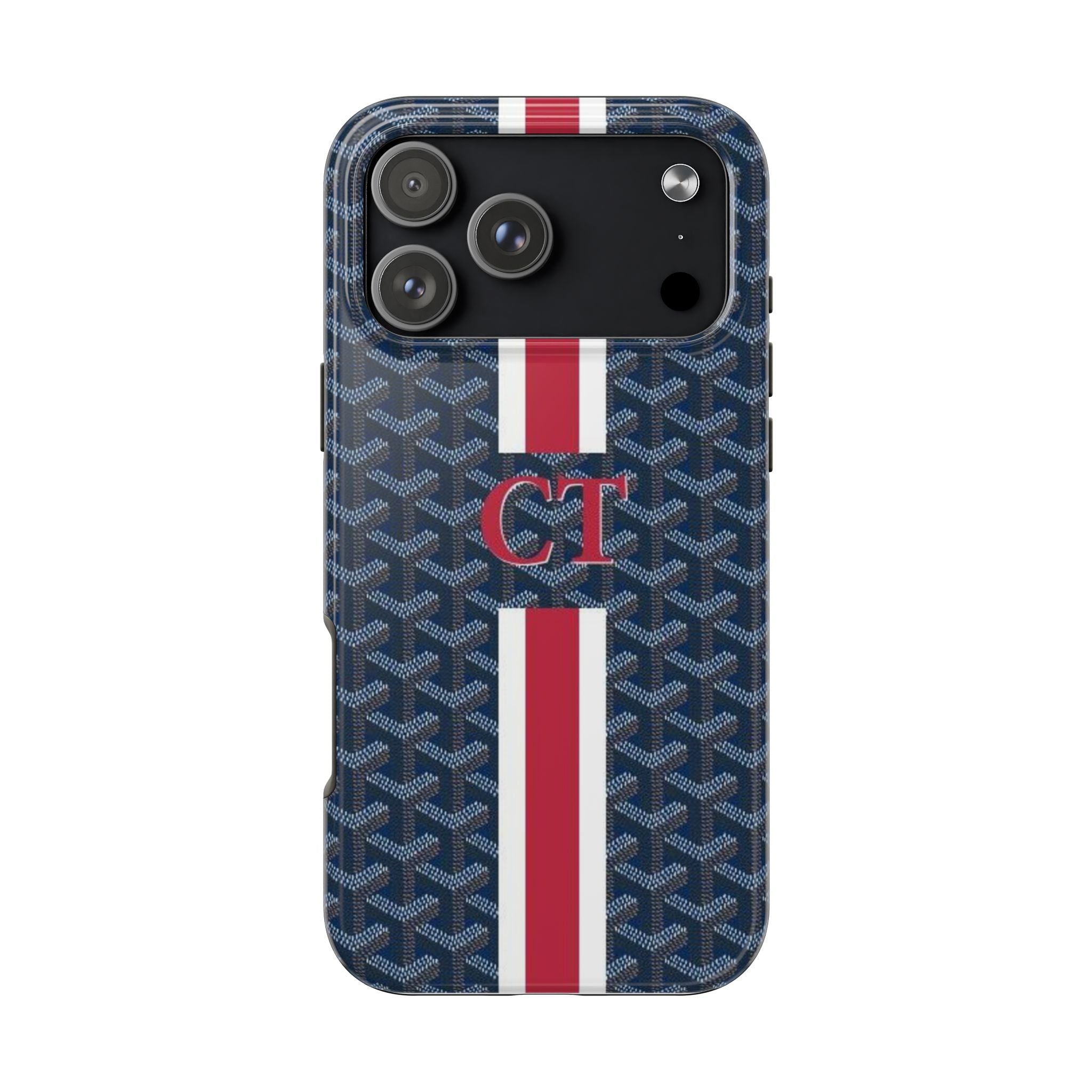 Personalized phone case with steel-blue Goyard pattern, red/white stripe and CT initials