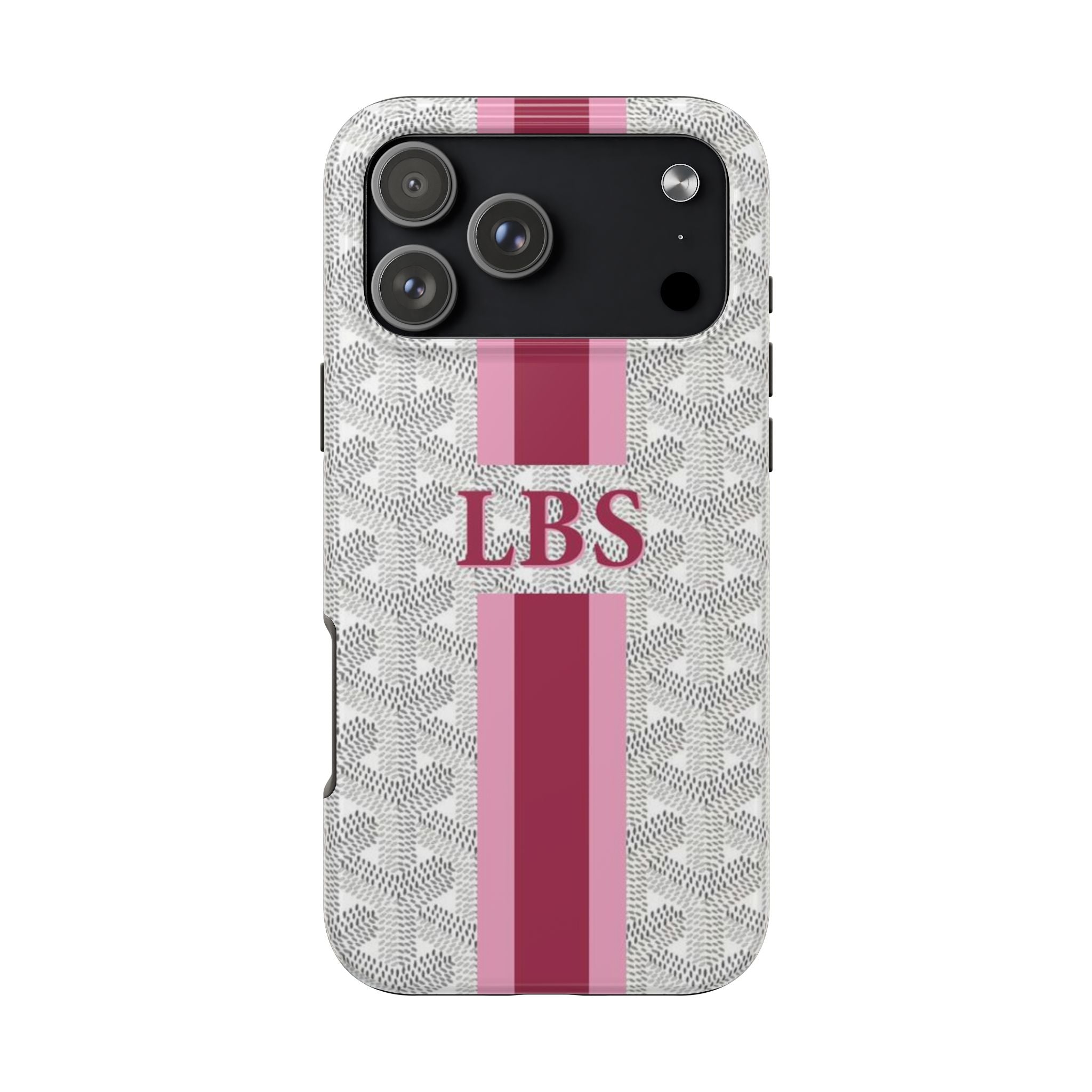 Personalized light grey phone case with textured pattern, pink stripe panel, 'LBS'.
