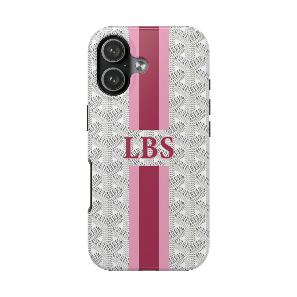 Personalized light grey phone case with pink vertical stripe and centered 'LBS'.