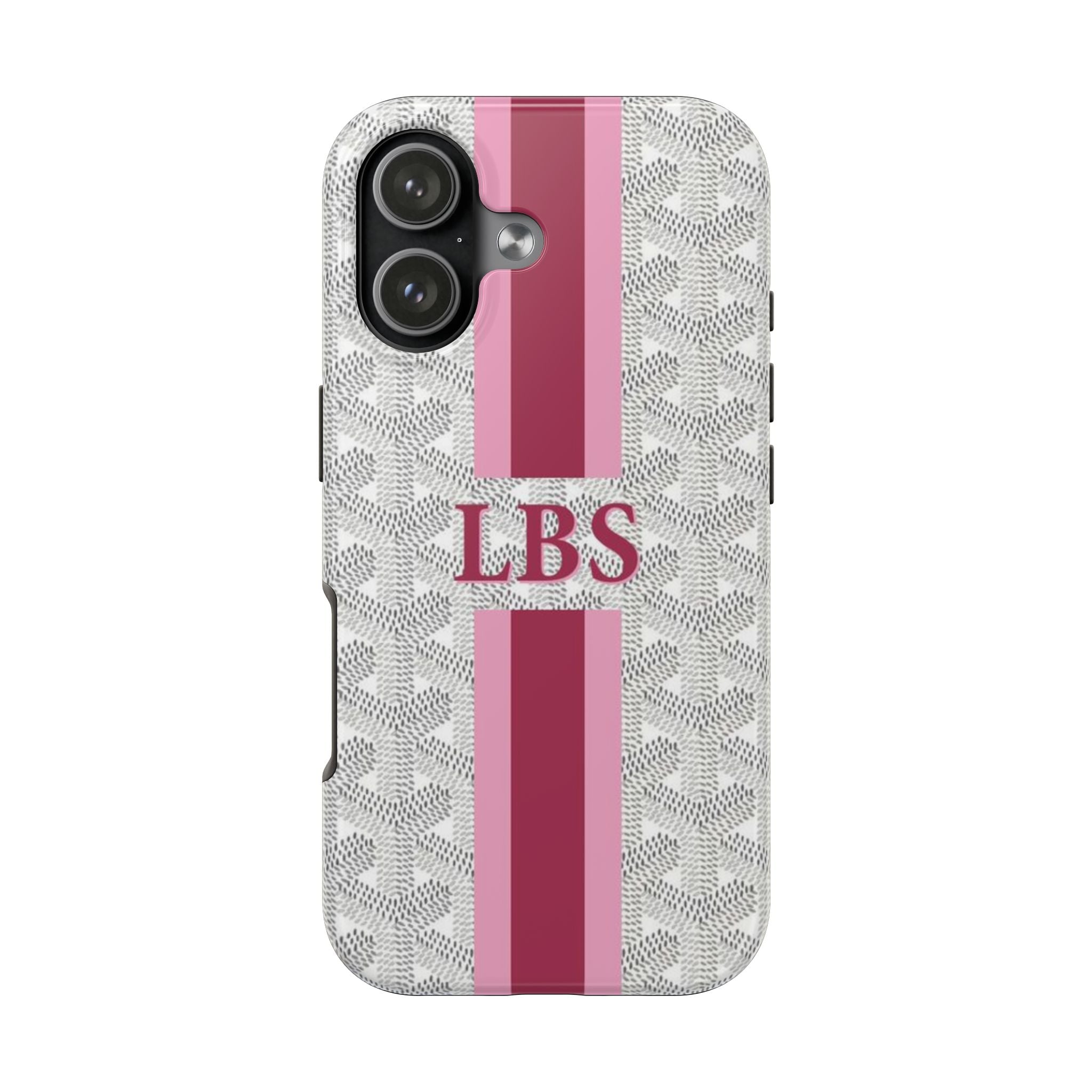 Personalized light grey phone case with pink vertical stripe and centered 'LBS'.